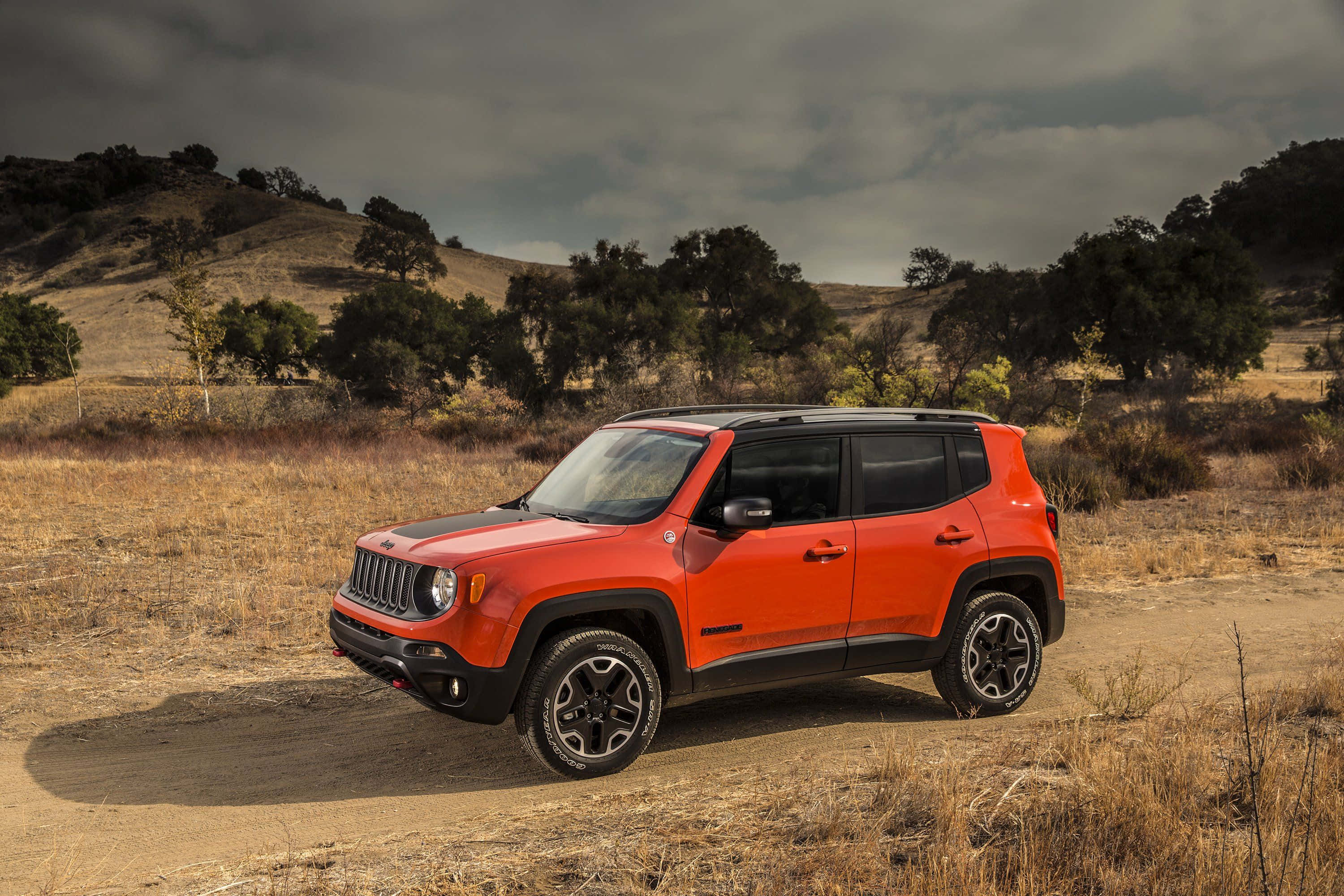 Jeep Renegade, vibrant orange, dusty trail, 2K Desktop Wallpaper