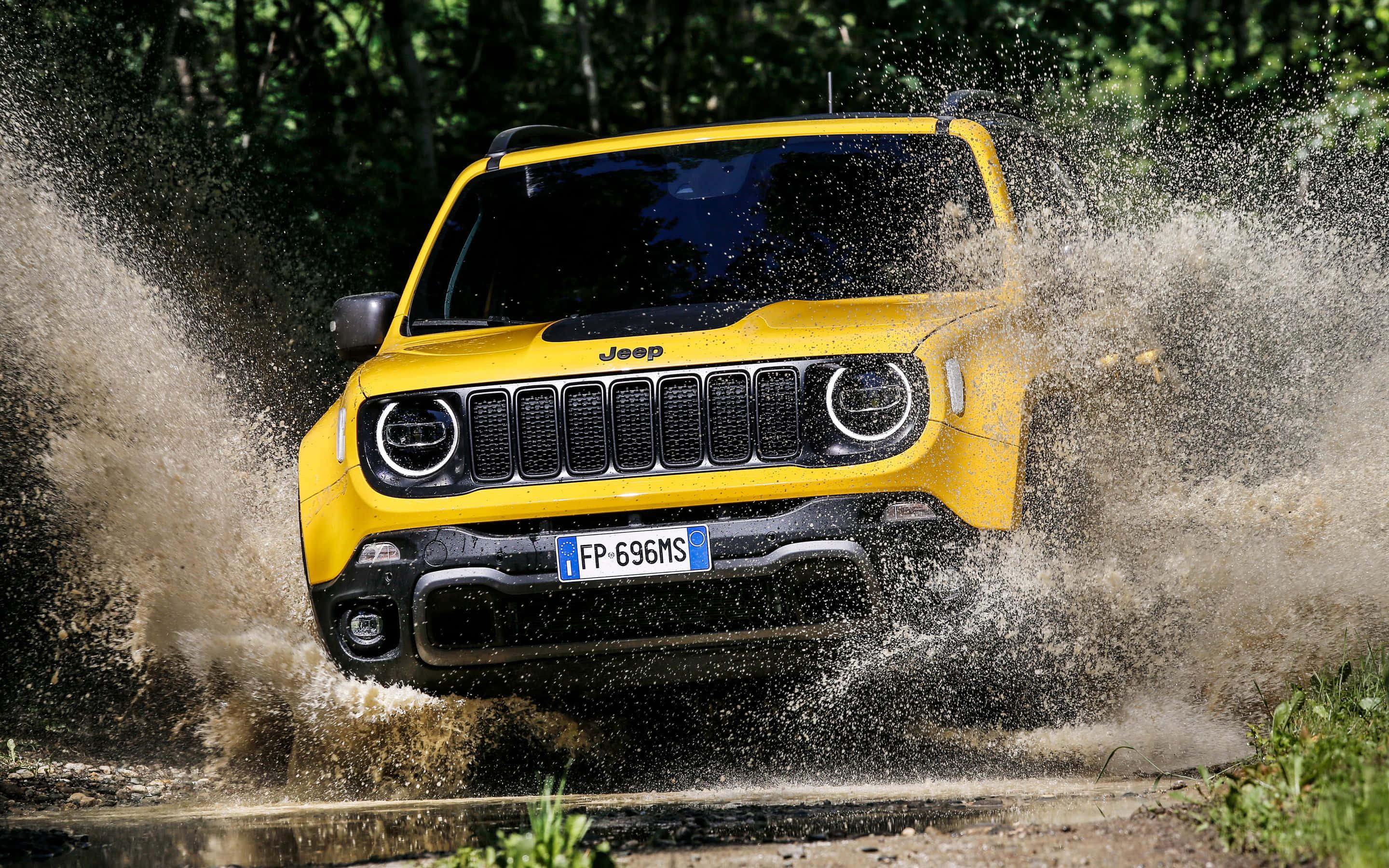 Jeep Renegade, bright yellow, muddy puddle, 2K Desktop Wallpaper