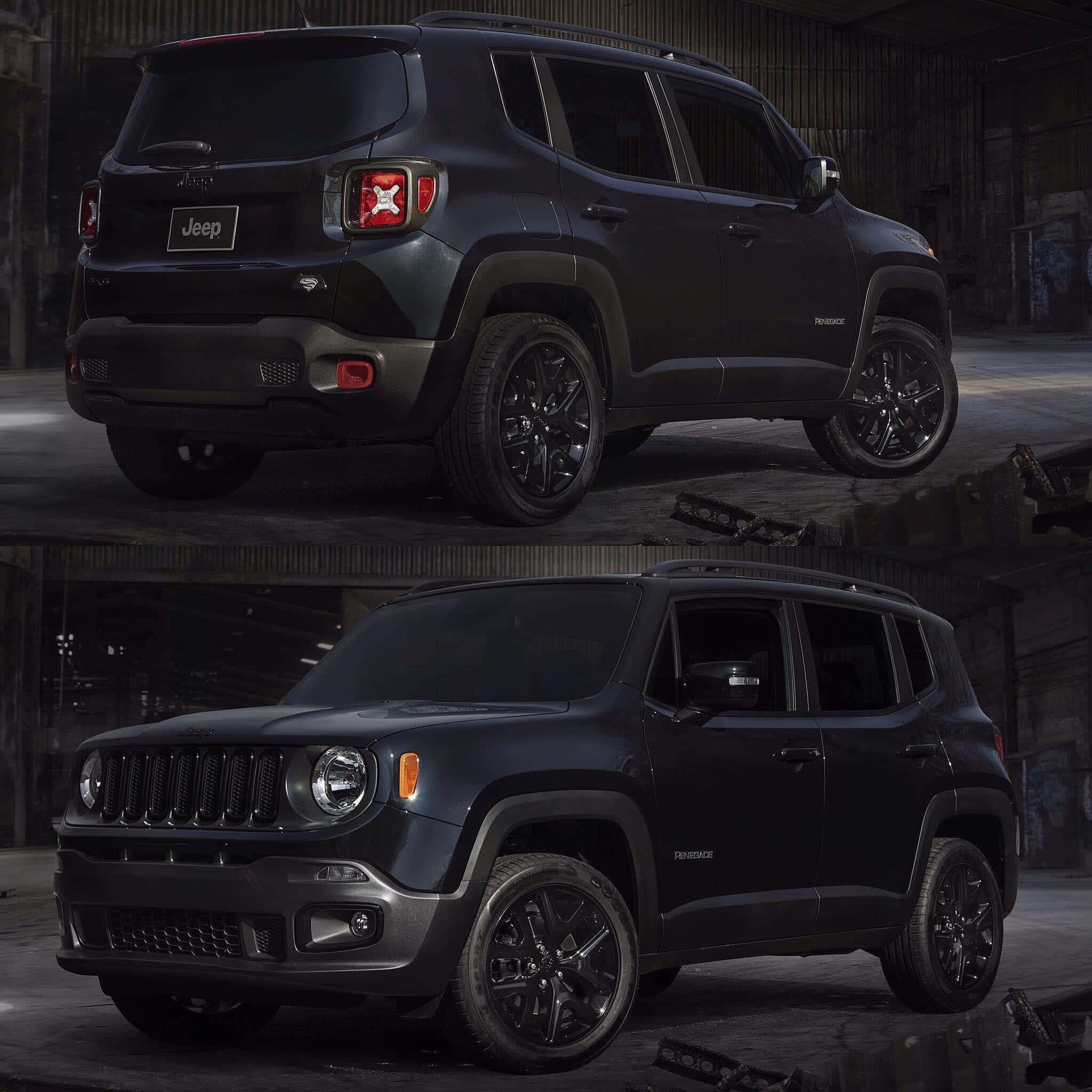 Jeep Renegade, matte black, industrial warehouse, Full HD Desktop Wallpaper