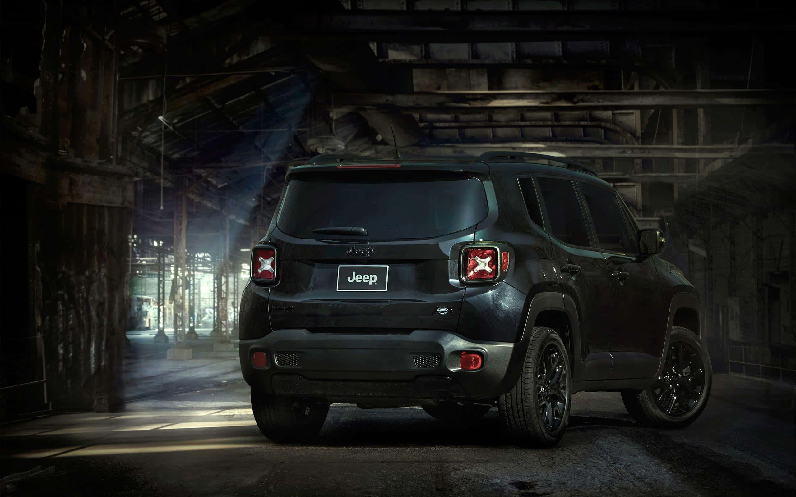 Jeep Renegade, matte black, abandoned warehouse, 2K Desktop Wallpaper