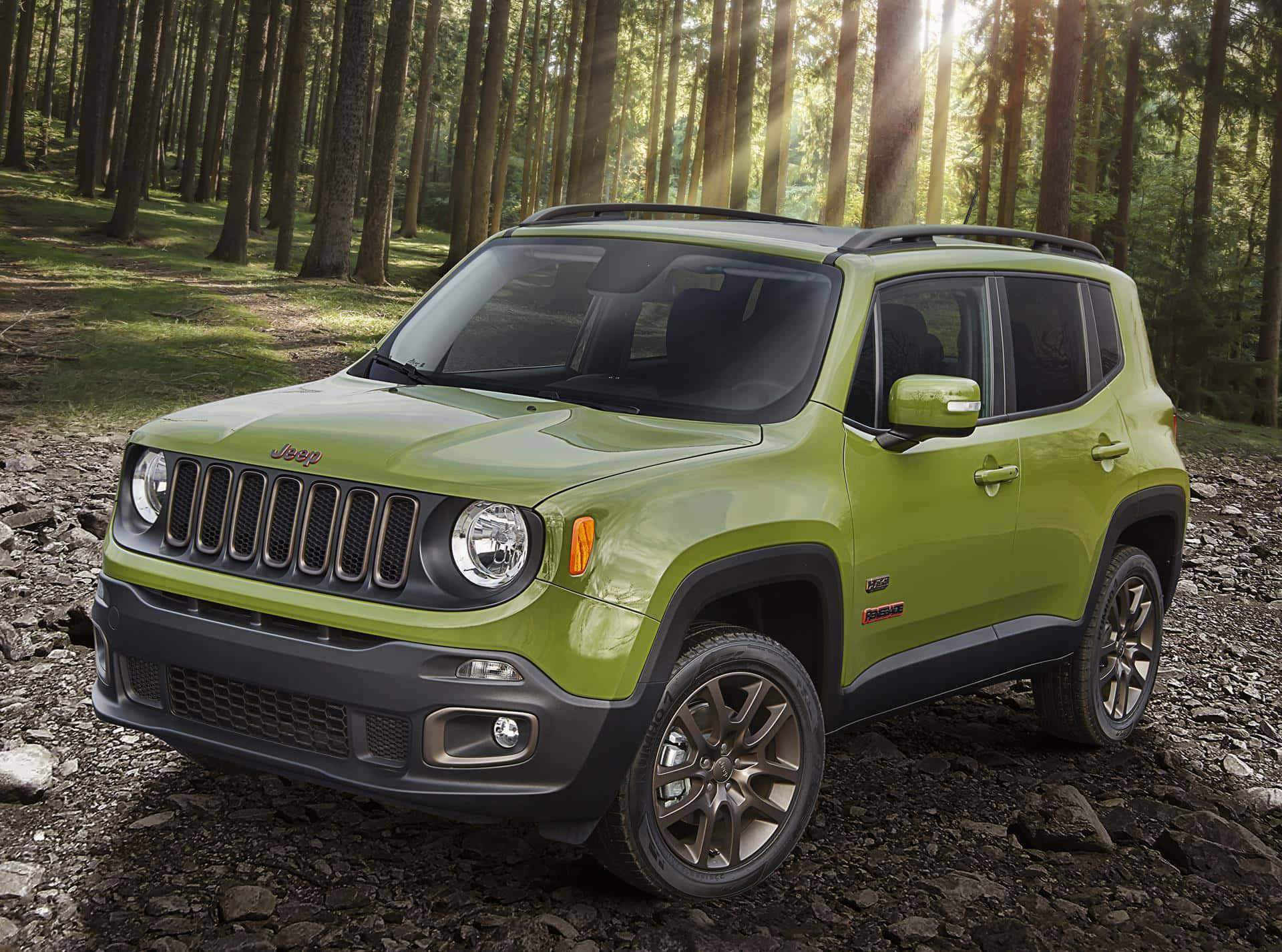 Jeep Renegade, lime green, rocky forest trail, Full HD Desktop Wallpaper