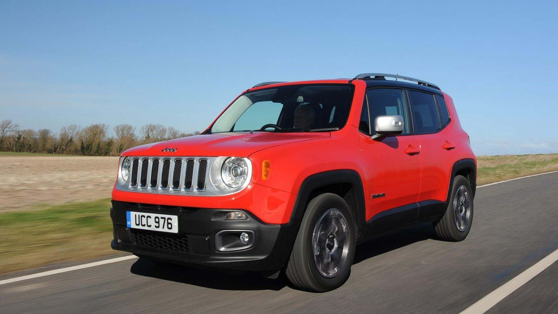 Jeep Renegade, vibrant red, sunlit rural road, Full HD Desktop Wallpaper