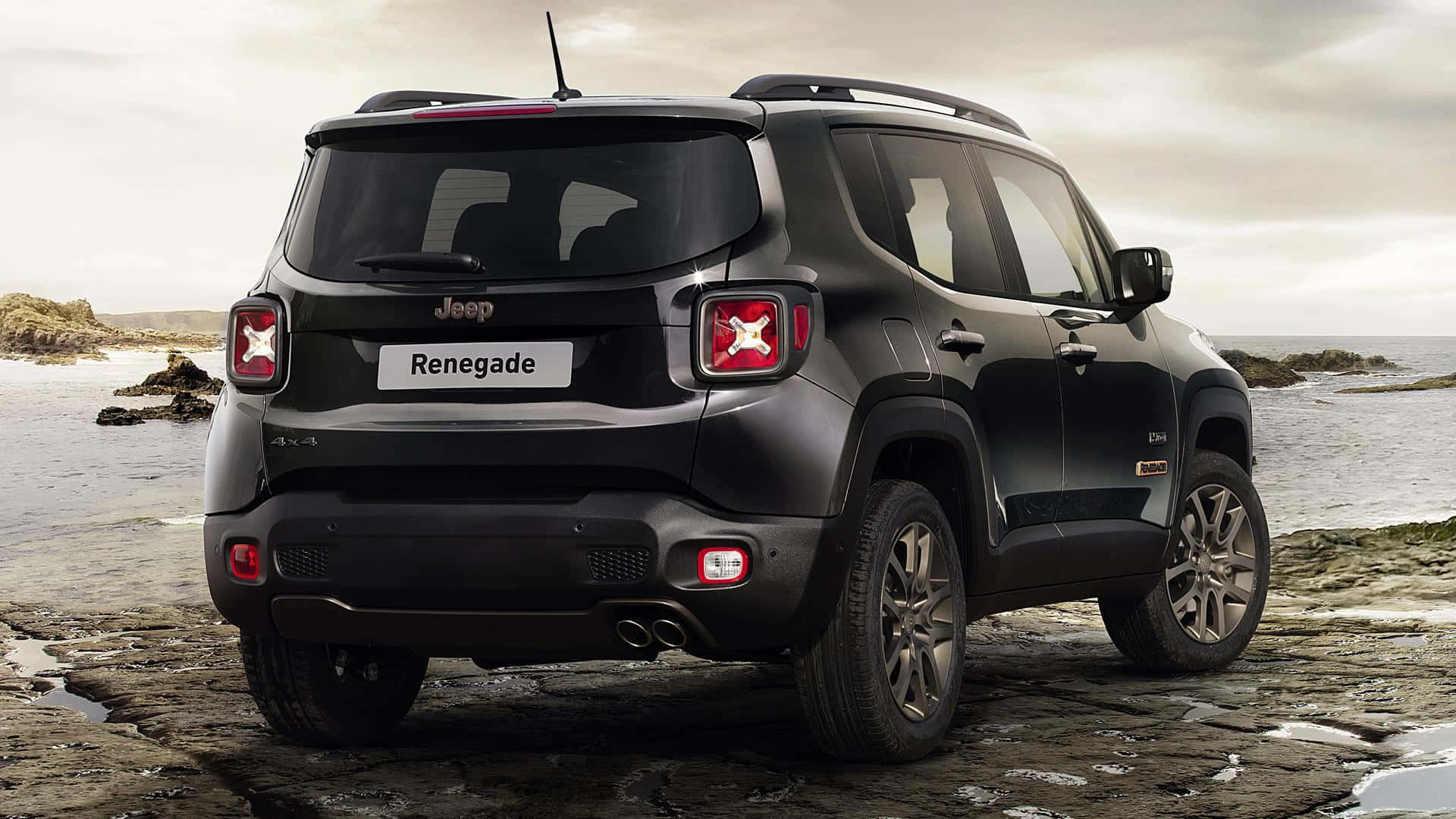 Jeep Renegade, black, wet rocks, Full HD Desktop Wallpaper