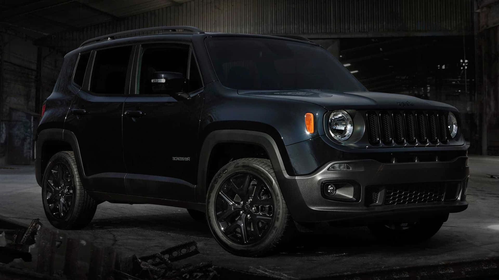 Jeep Renegade, matte black, industrial warehouse, Full HD Desktop Wallpaper