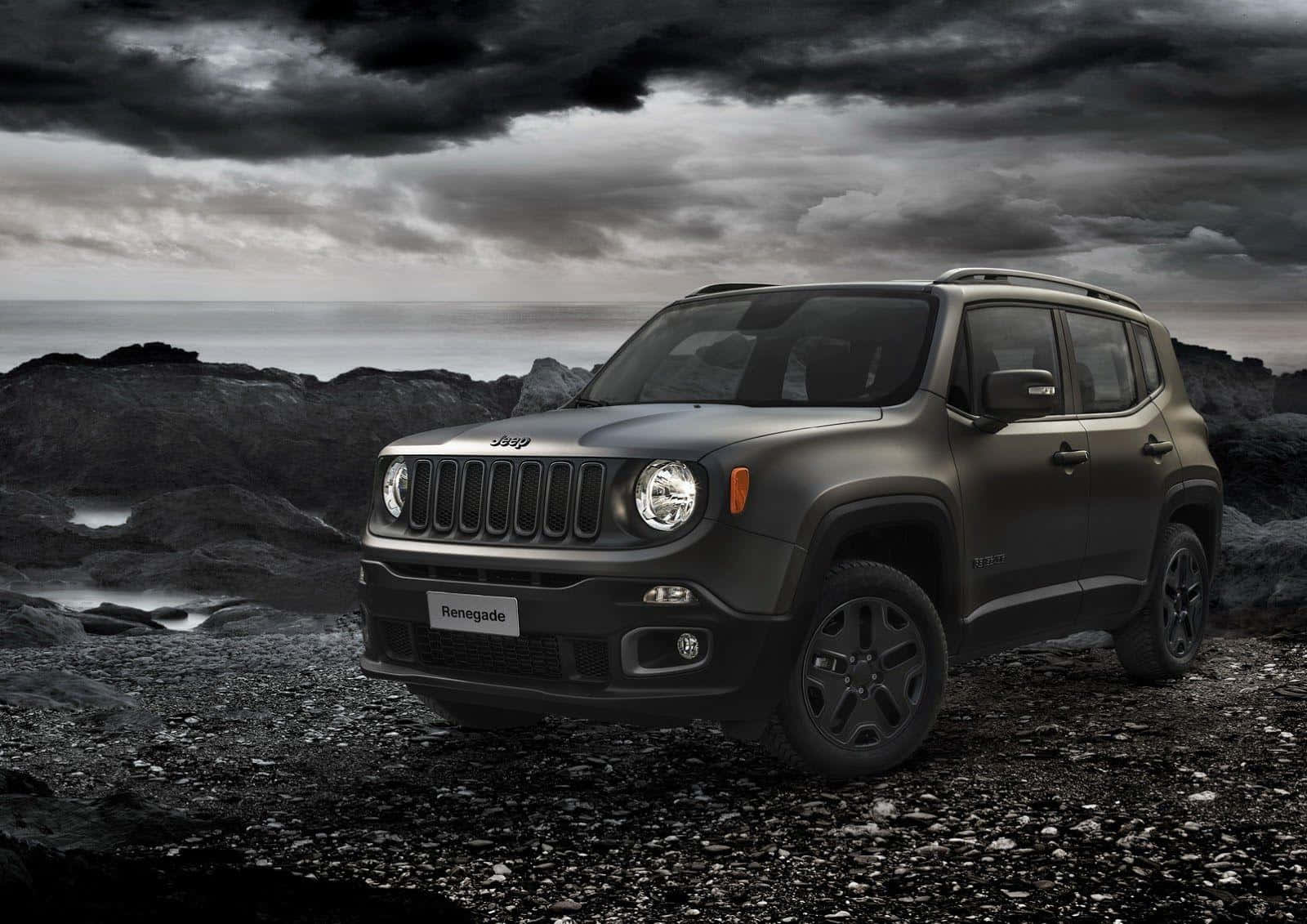 Jeep Renegade, matte black, rocky shore, HD Desktop Wallpaper