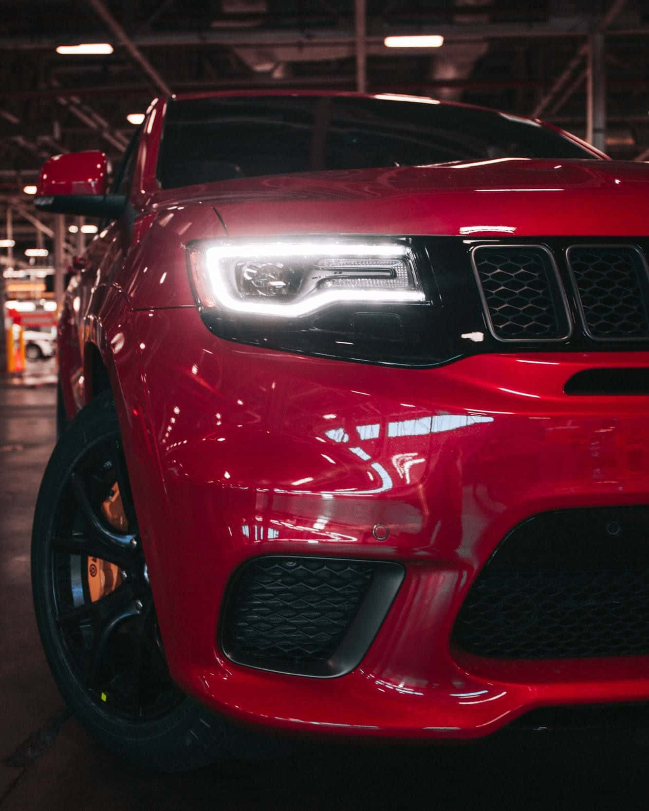 Jeep Trackhawk, glossy red, sharp headlights, HD Phone Wallpaper