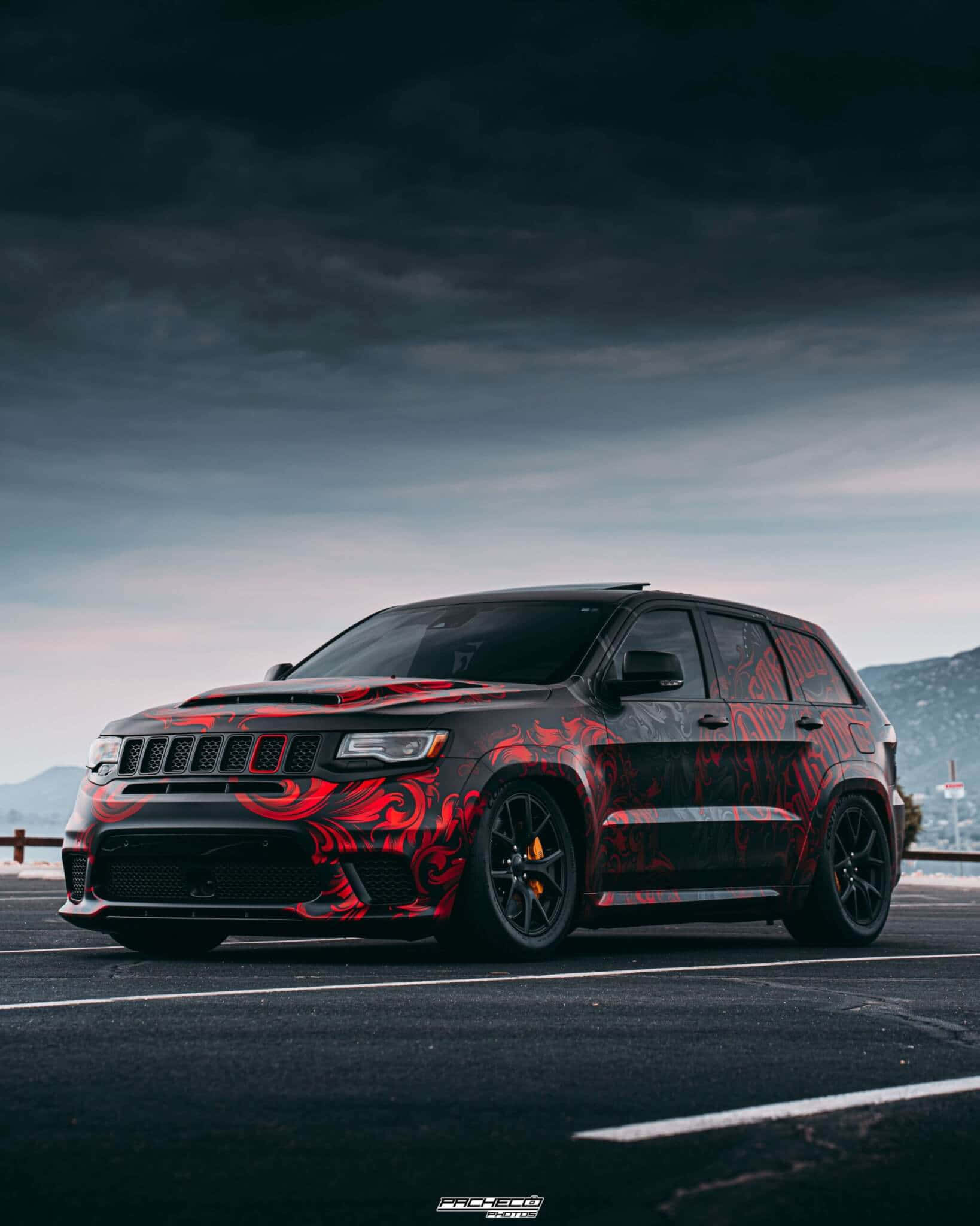 Jeep Trackhawk, black, red tribal graphics, Full HD Phone Wallpaper