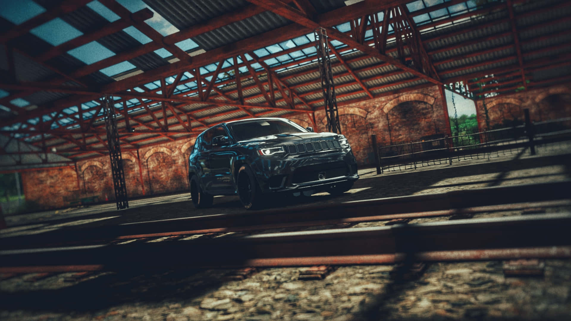 Jeep Trackhawk, black SUV, rusted industrial warehouse, Full HD Desktop Wallpaper