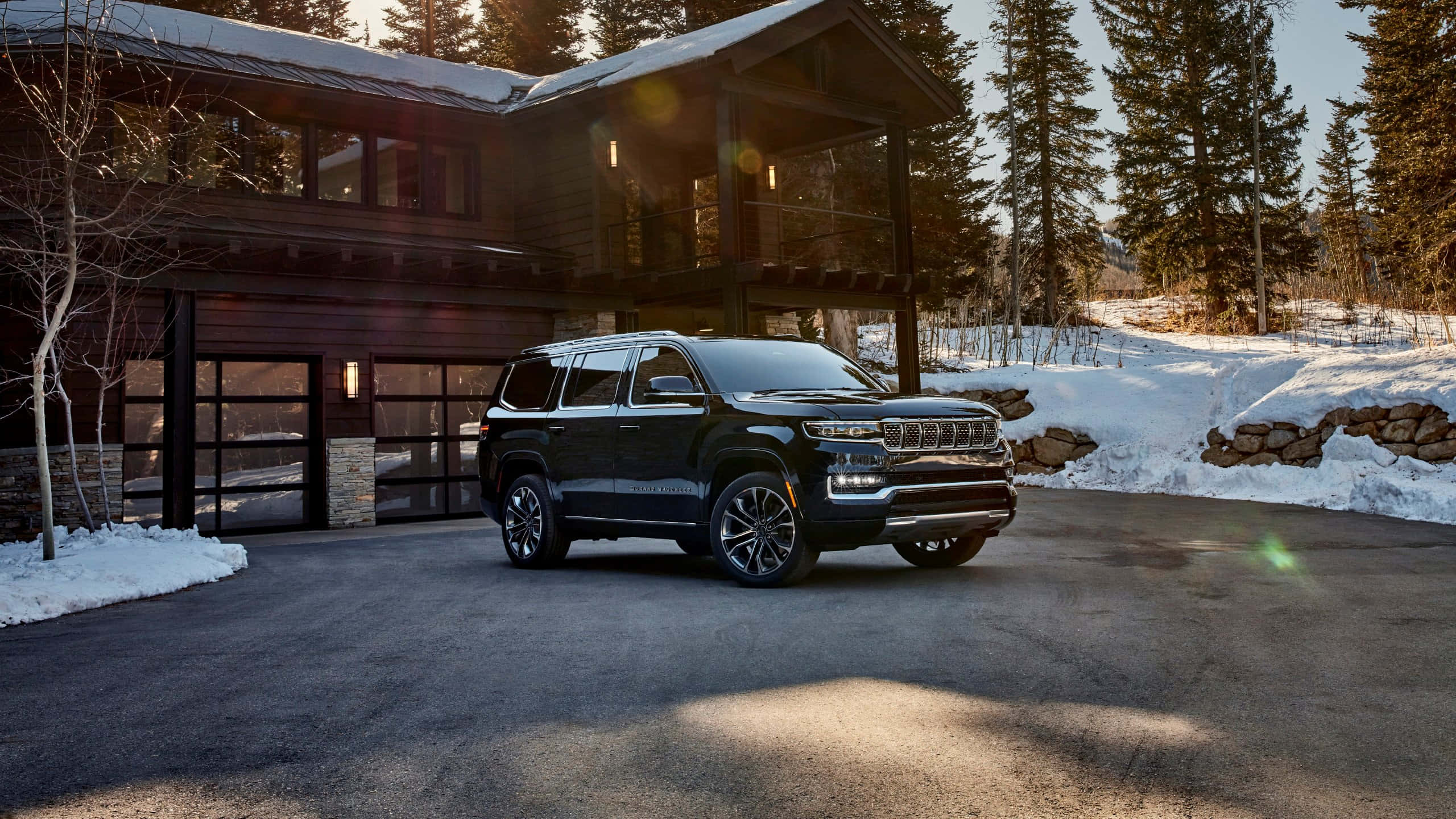 Jeep Wagoneer, black, modern wooden cabin, 2K Desktop Wallpaper