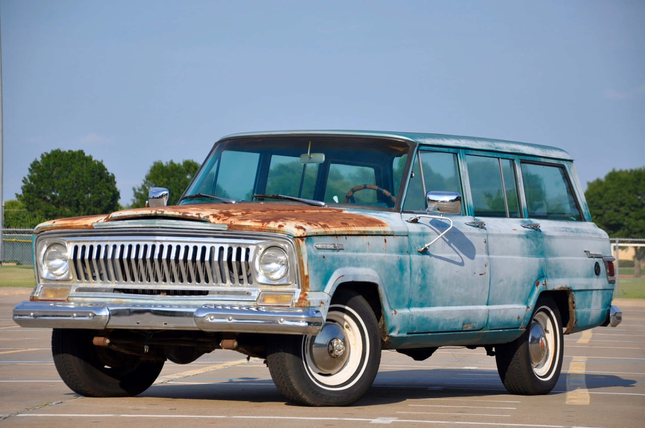 Jeep Wagoneer, vintage blue station wagon, rusted hood, Full HD Desktop Wallpaper