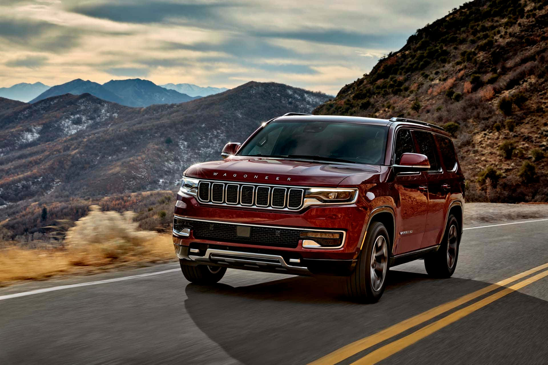 Jeep Wagoneer, red, winding mountain road, Full HD Desktop Wallpaper