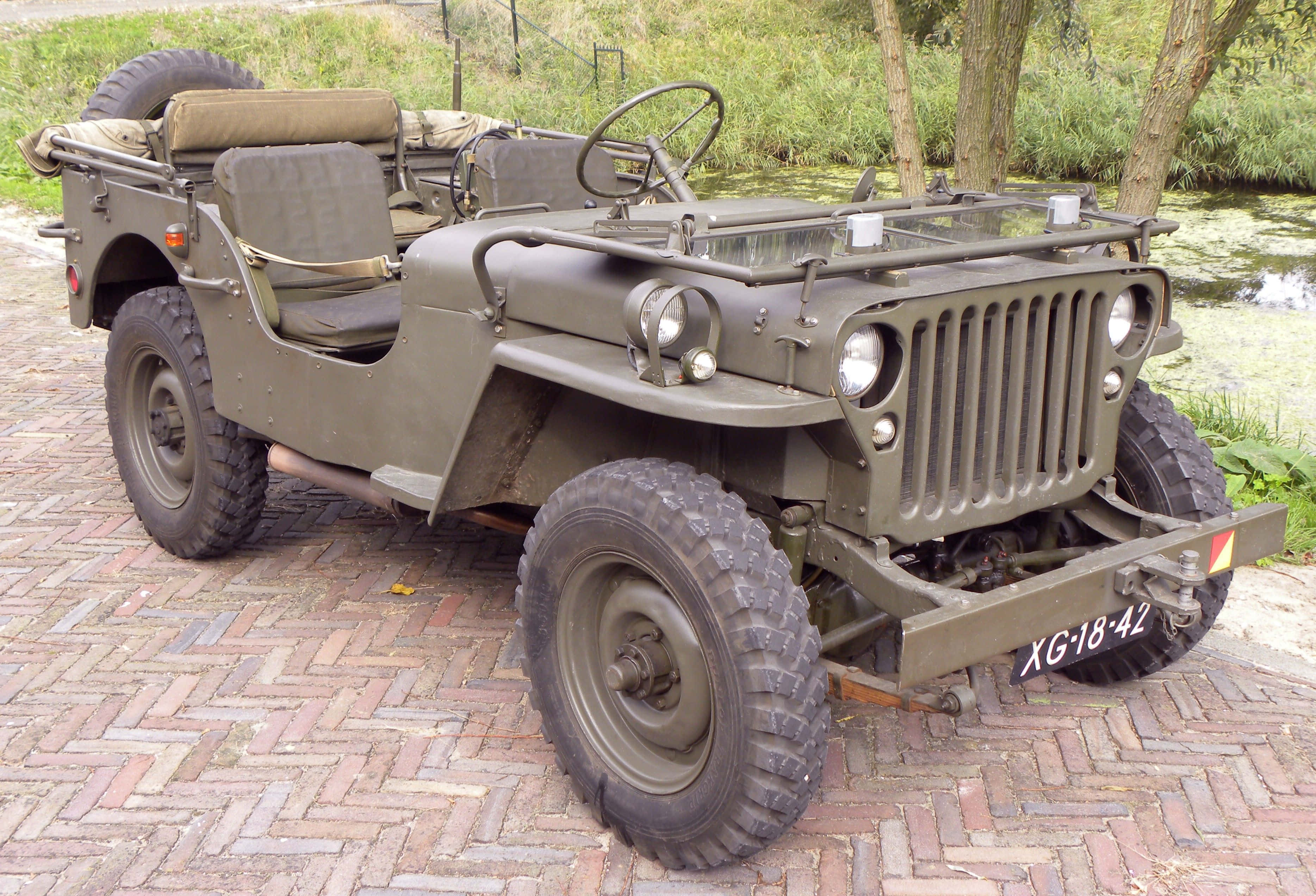 Jeep Willys, olive green, red brick path, 2K Desktop Wallpaper