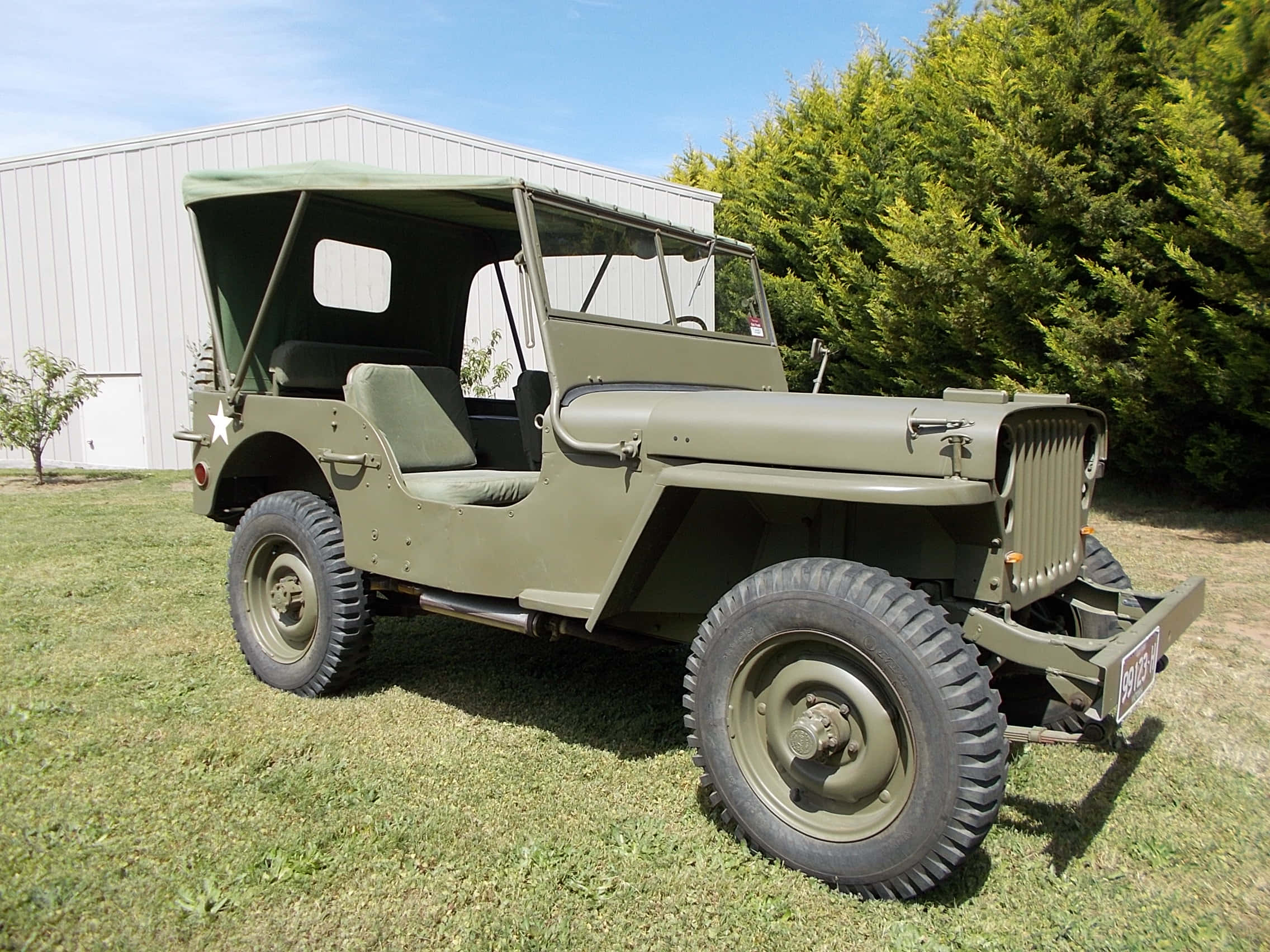 Jeep Willys, olive green, white building, Full HD Desktop Wallpaper