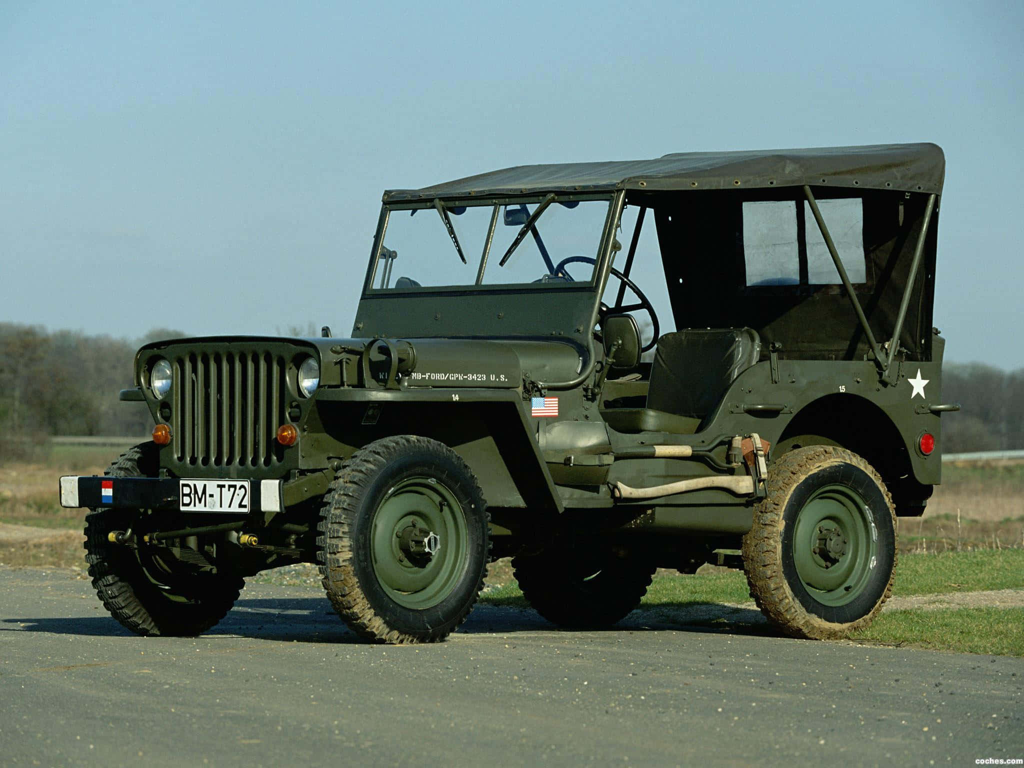 Jeep Willys, olive green, paved road, Full HD Desktop Wallpaper
