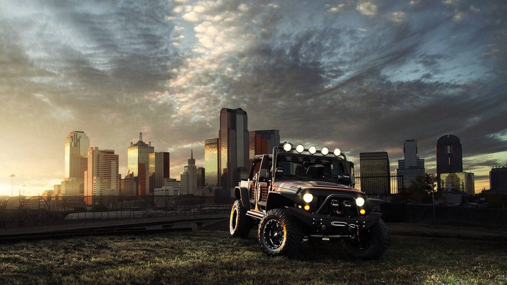 Jeep, black off-road vehicle, glowing headlights, Full HD Desktop Wallpaper