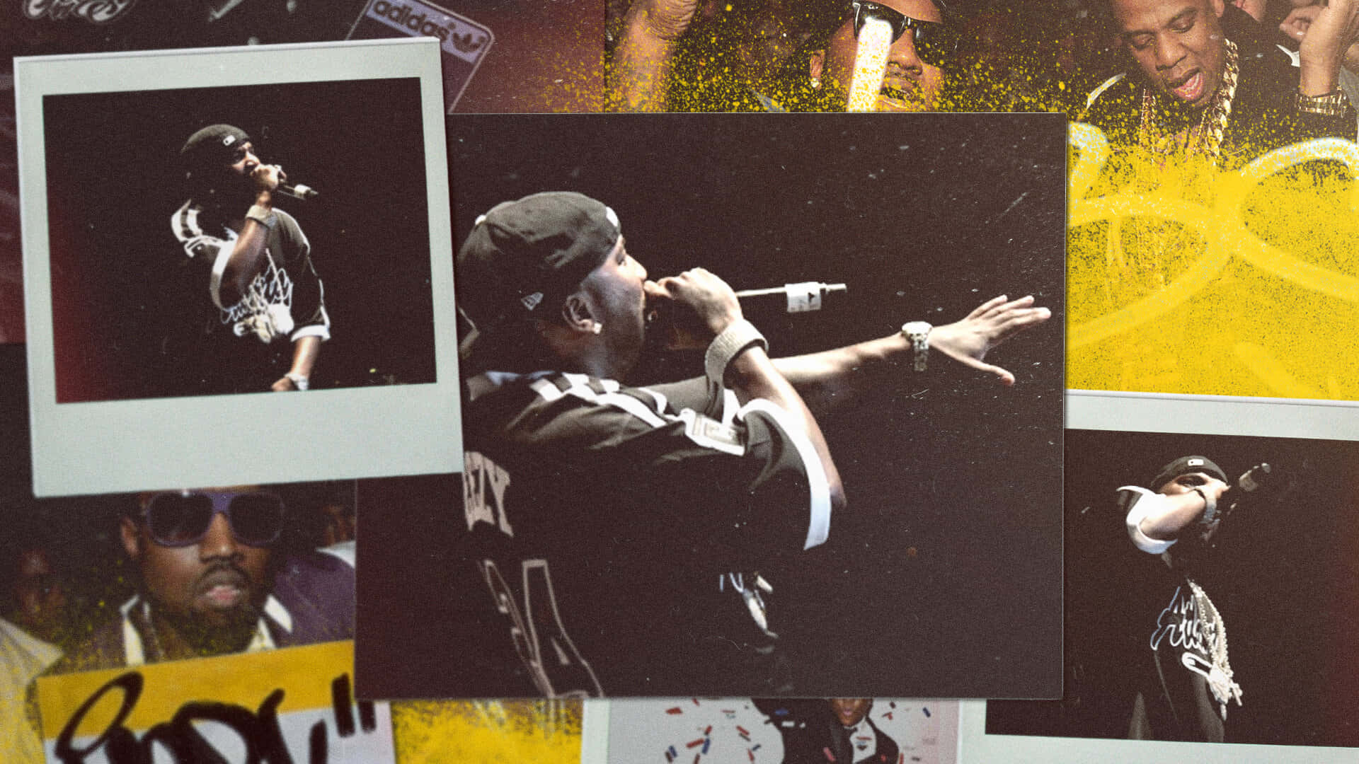 Jeezy, rapper performing on stage, polaroid-style photos, Full HD Desktop Wallpaper
