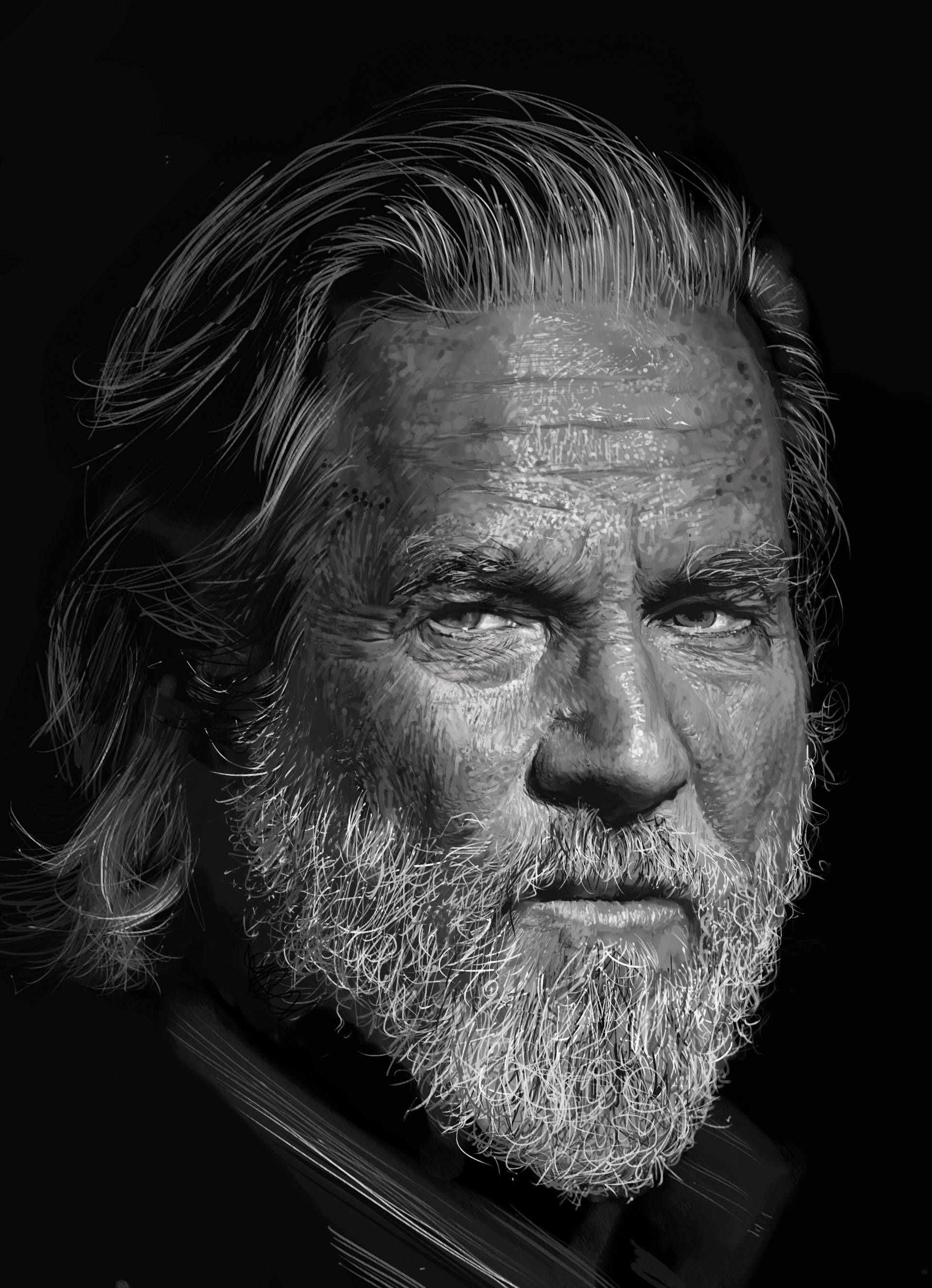 Jeff Bridges, grayscale portrait, full beard, 2K Phone Wallpaper