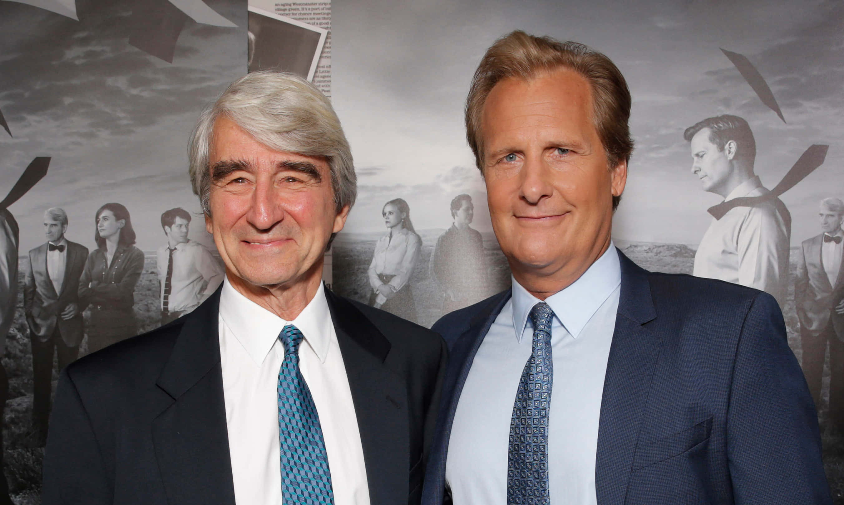 Jeff Daniels, black and white movie poster backdrop, suits, 2K Desktop Wallpaper