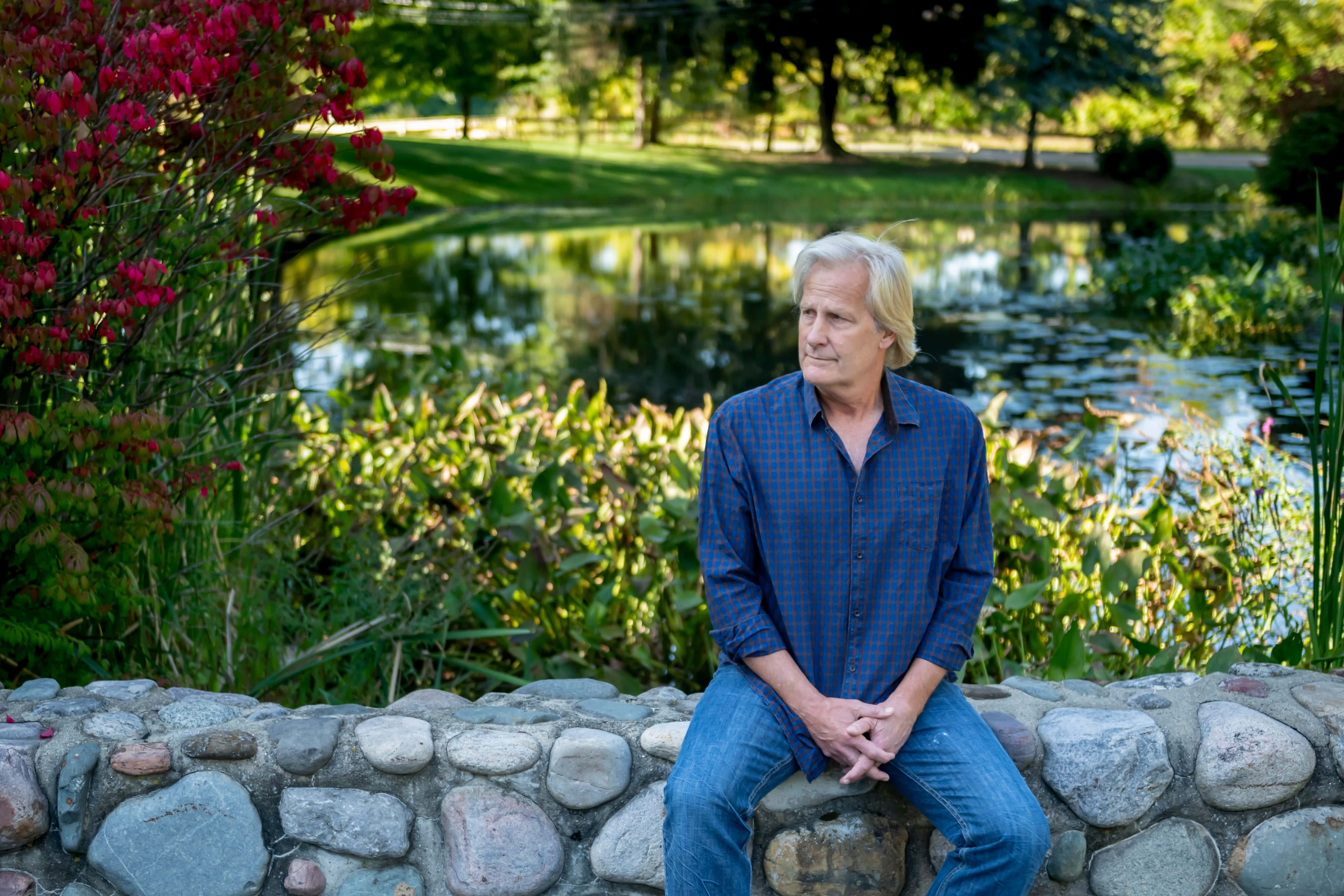 Jeff Daniels, stone wall, tranquil pond, 4K Desktop Wallpaper