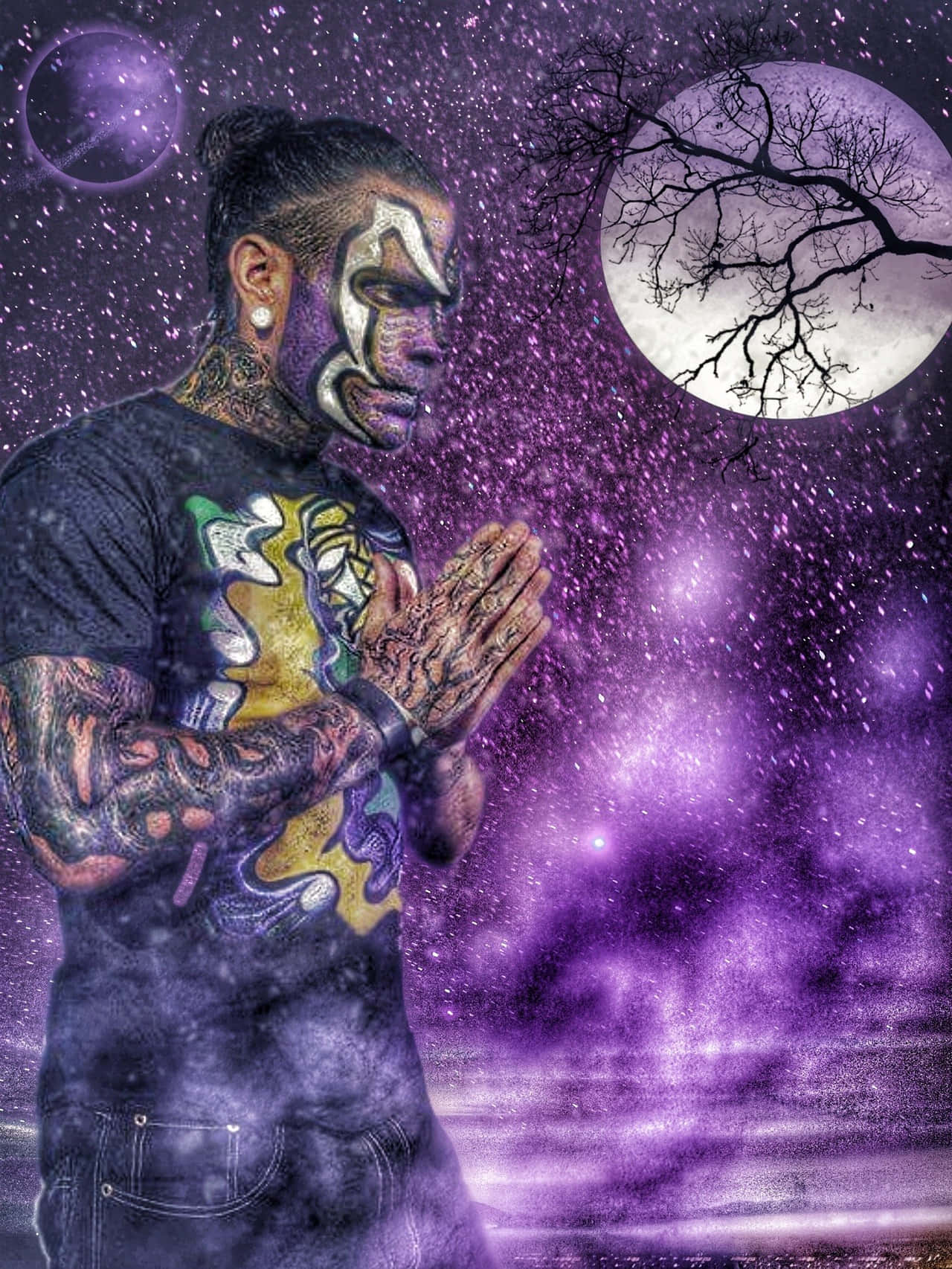 Jeff Hardy, praying sign, purple starry sky, HD Phone Wallpaper