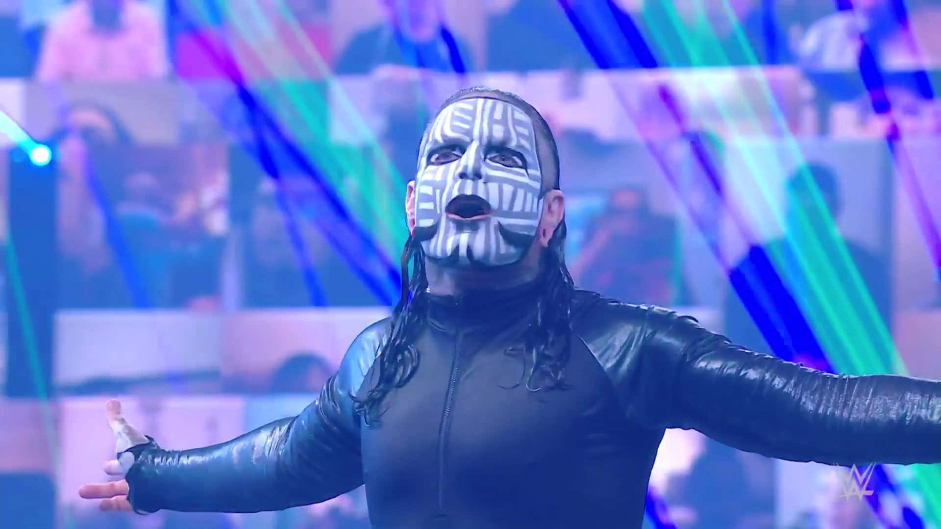Jeff Hardy, geometric black and white face paint, vibrant blue and purple laser lights, Full HD Desktop Wallpaper