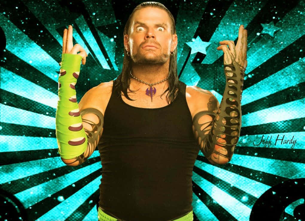 Jeff Hardy, teal starburst background, tattooed arms, SD Desktop Wallpaper