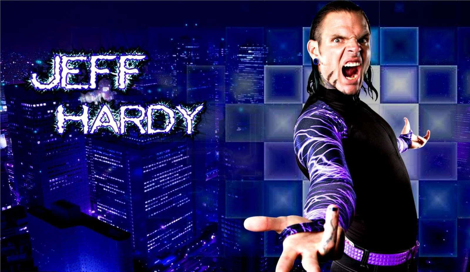 Jeff Hardy, glowing blue cityscape, electric text, HD Desktop Wallpaper