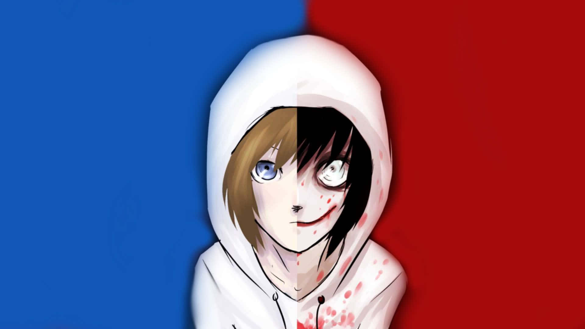 Jeff The Killer, white hoodie, blue background, Full HD Desktop Wallpaper