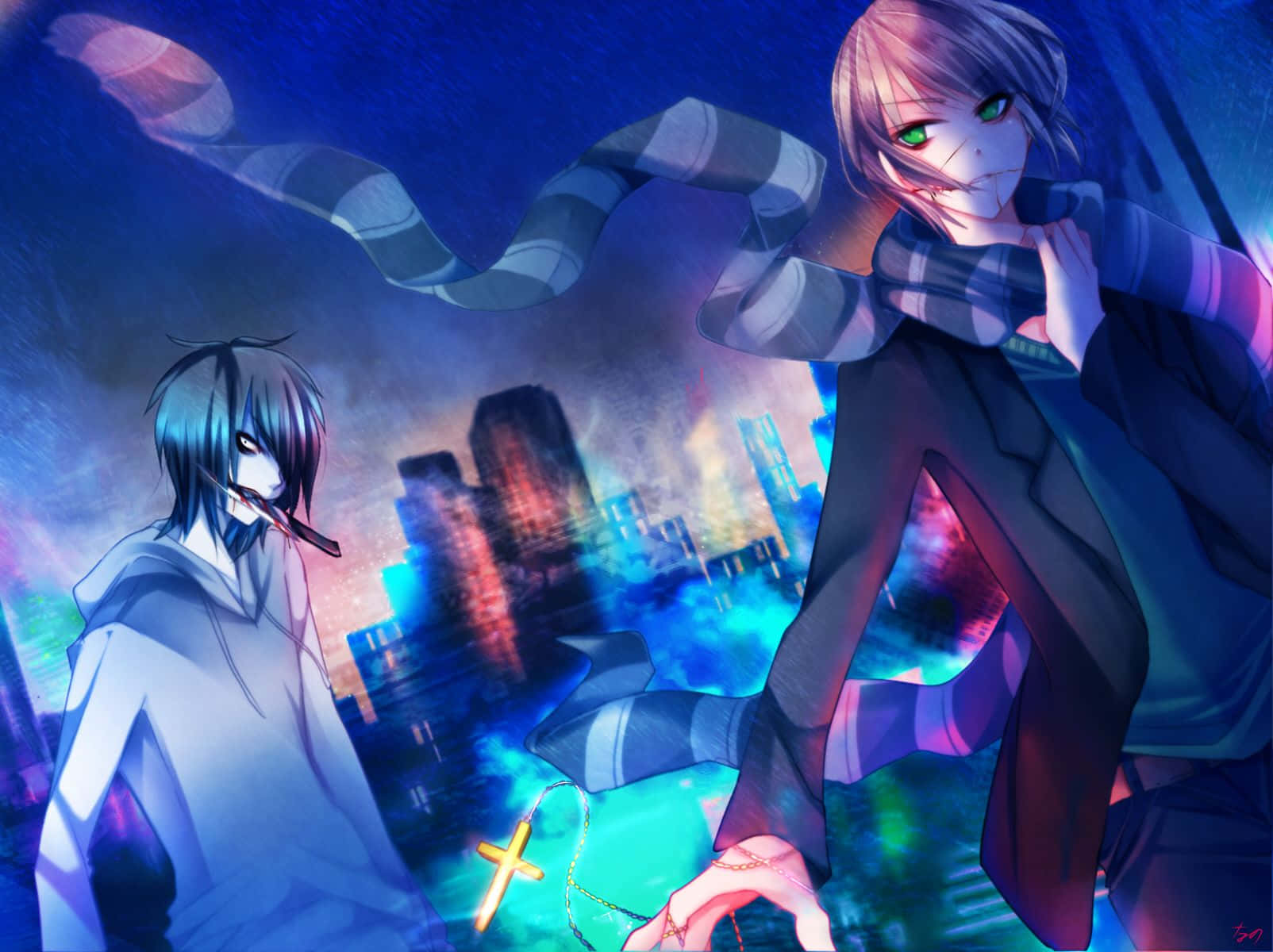 Jeff The Killer, neon-drenched cityscape, glowing eyes, HD Desktop Wallpaper