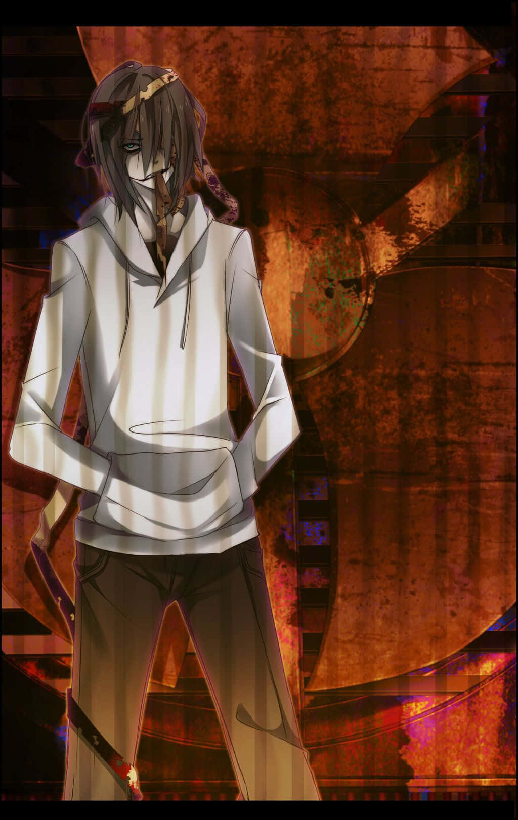 Jeff The Killer, white hoodie, rusted industrial backdrop, HD Phone Wallpaper