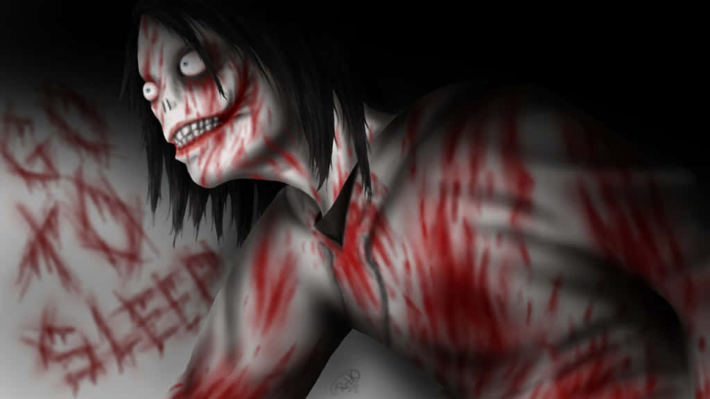 Jeff The Killer, anime-style horror figure, bloodied face and torso, SD Desktop Wallpaper