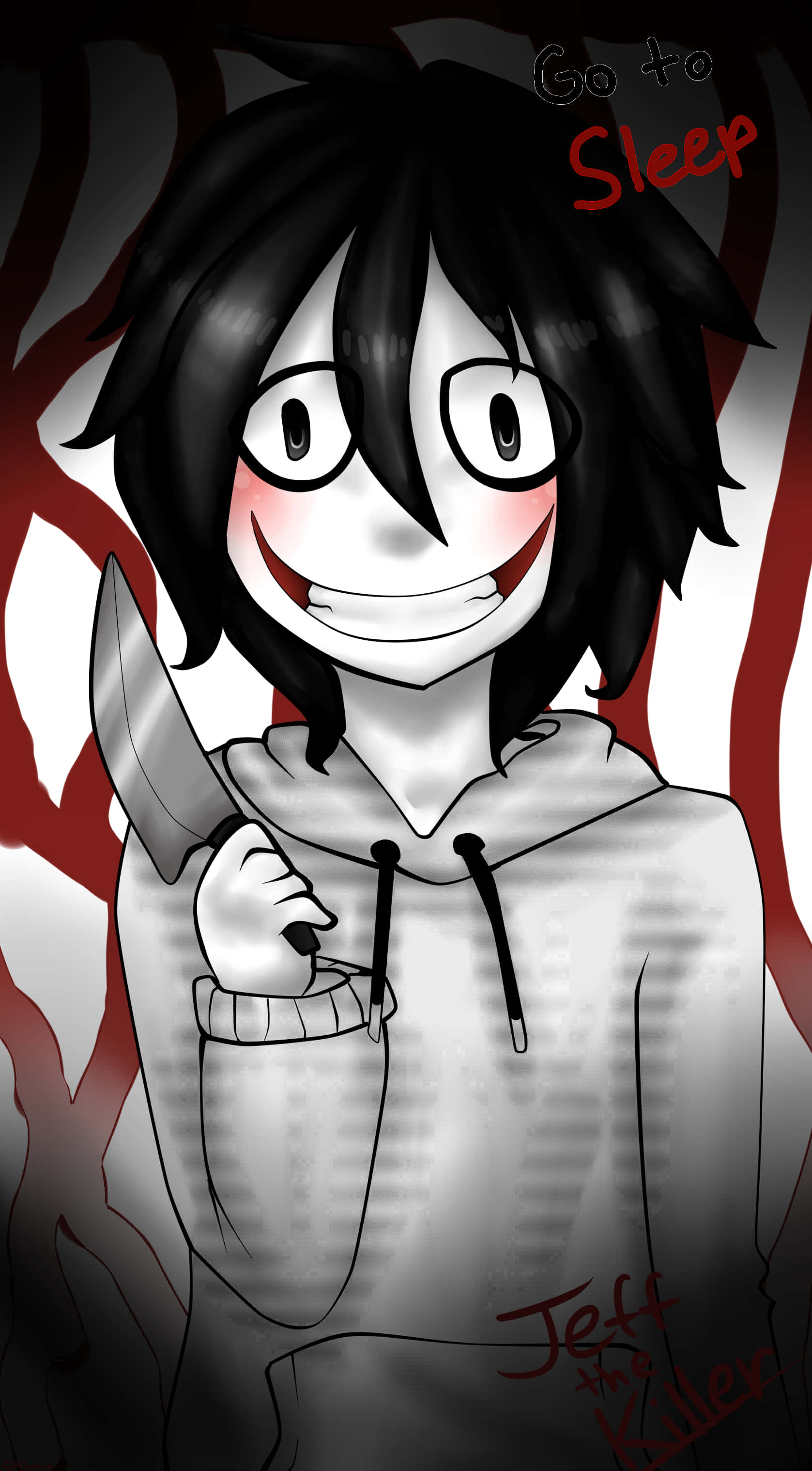 Jeff The Killer, black hair, wide grin, 2K Phone Wallpaper