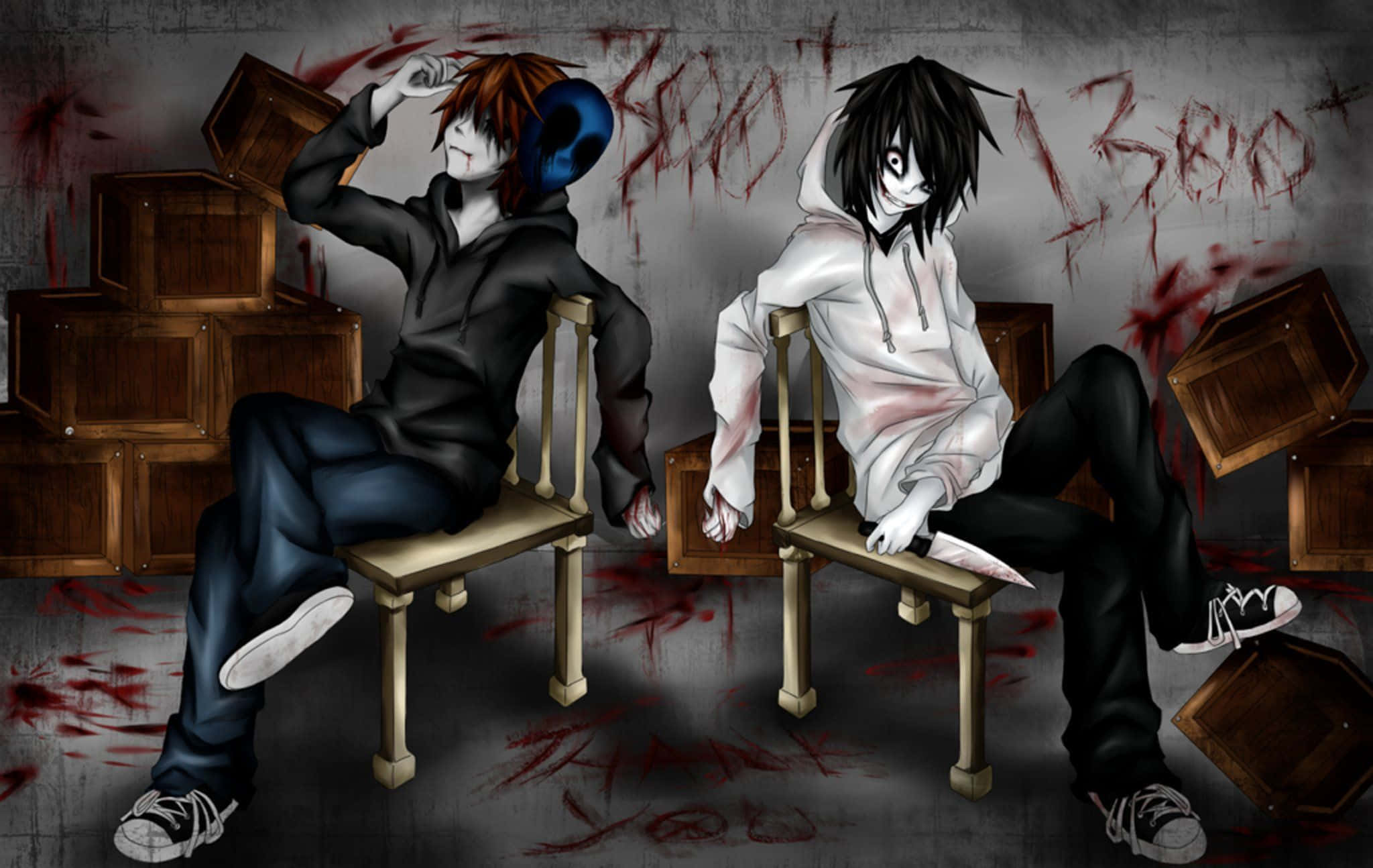 Jeff The Killer, anime characters, blood-splattered room, Full HD Desktop Wallpaper