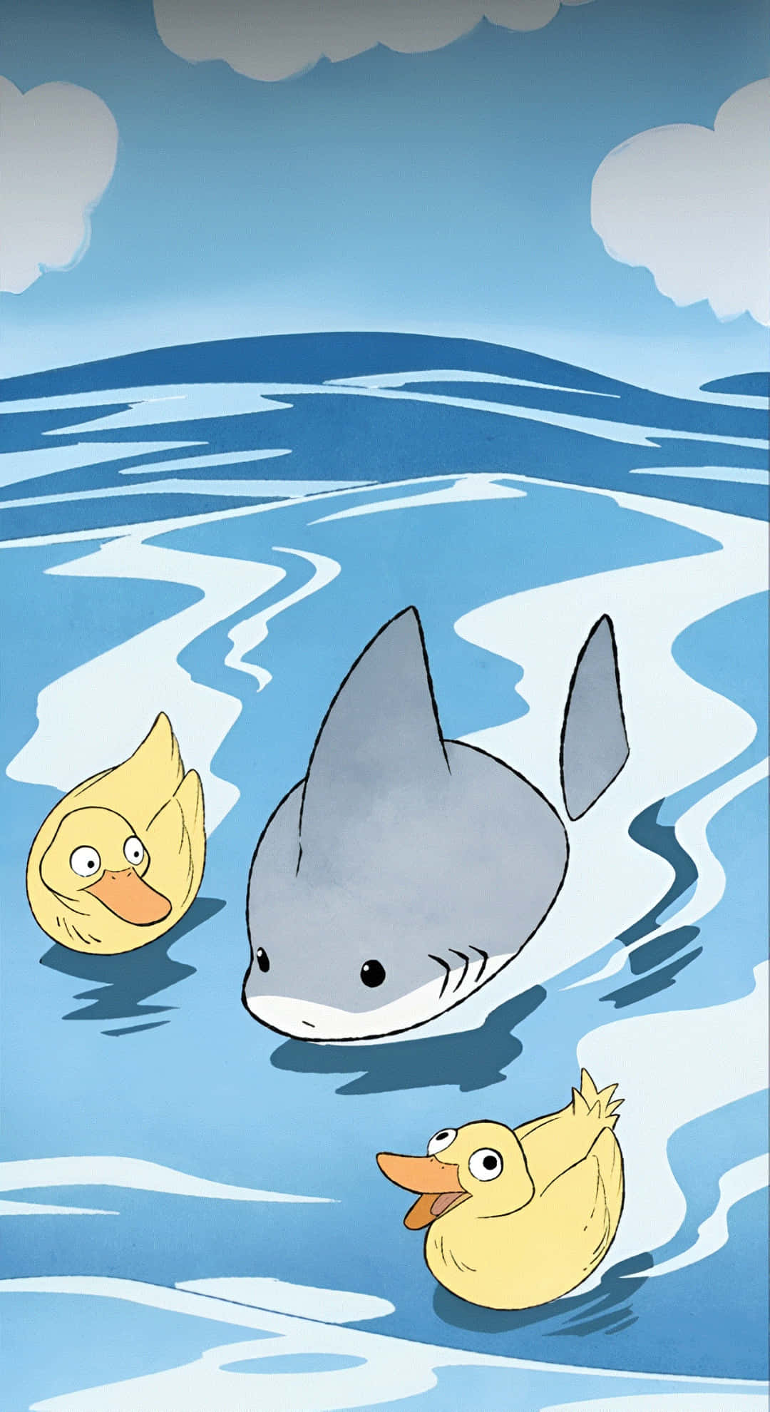 Jeff The Land Shark, yellow rubber ducks, blue water, Full HD Phone Wallpaper