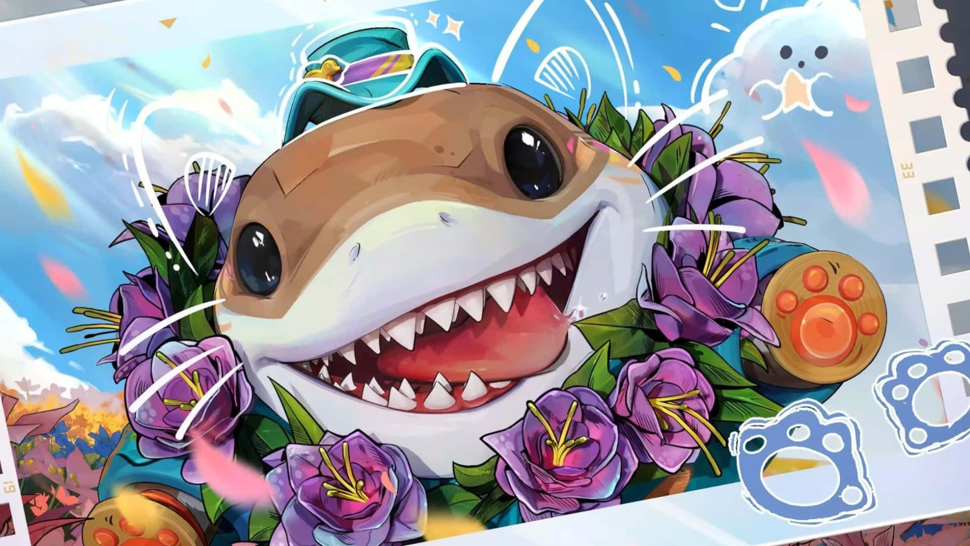 Jeff The Land Shark, smiling, purple flowers, Full HD Desktop Wallpaper