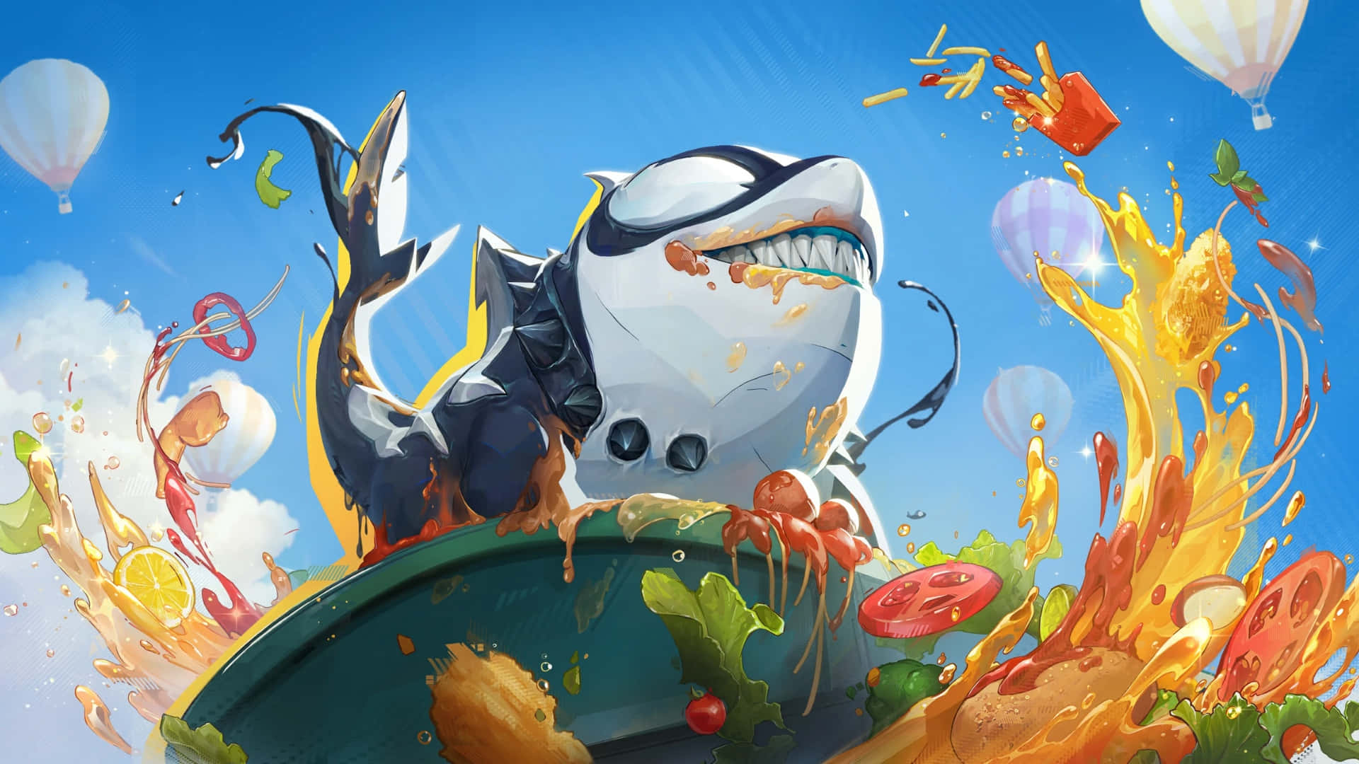 Jeff The Land Shark, hot air balloons, giant bowl, Full HD Desktop Wallpaper