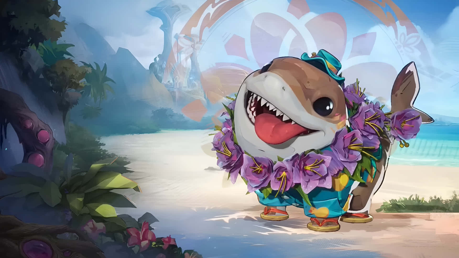 Jeff The Land Shark, blue hat, floral lei, Full HD Desktop Wallpaper