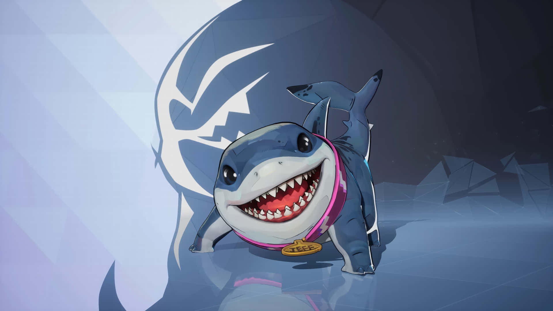 Jeff The Land Shark, pink collar, blue and white geometric environment, Full HD Desktop Wallpaper