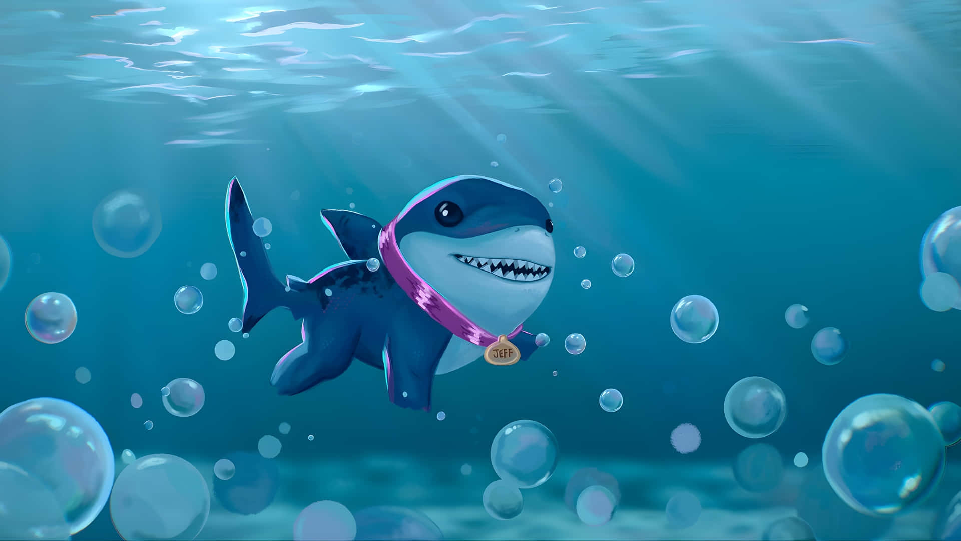 Jeff The Land Shark, pink collar, gold tag, Full HD Desktop Wallpaper