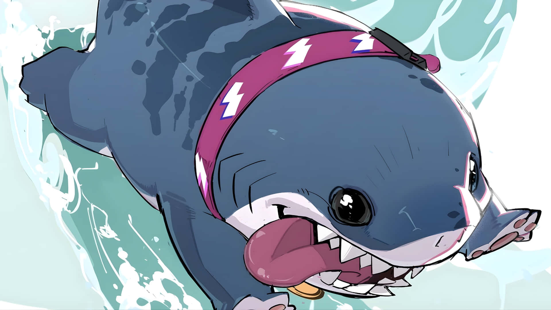 Jeff The Land Shark, purple lightning bolt headband, turquoise water, Full HD Desktop Wallpaper