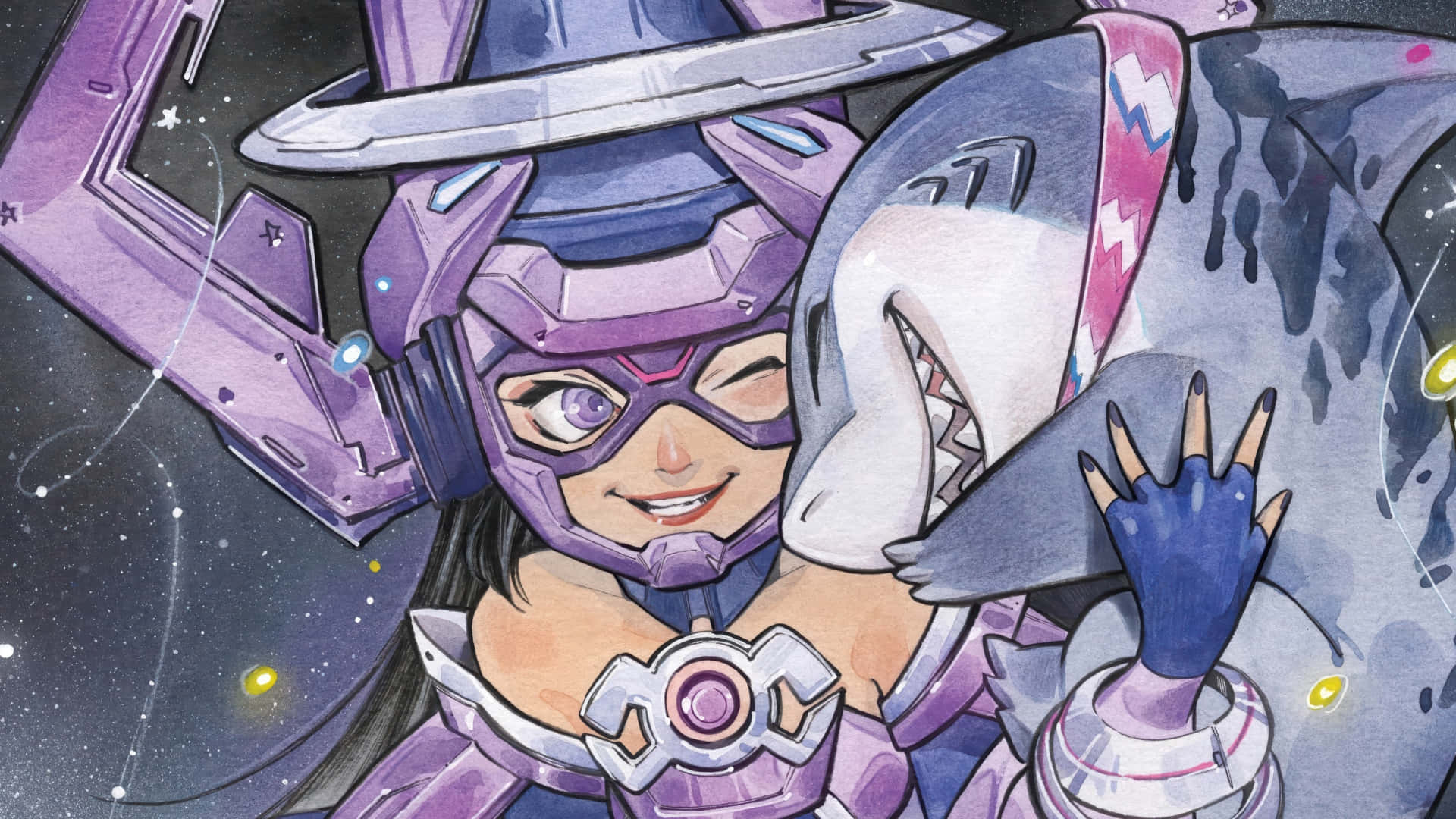 Jeff The Land Shark, purple armored girl, shark, Full HD Desktop Wallpaper
