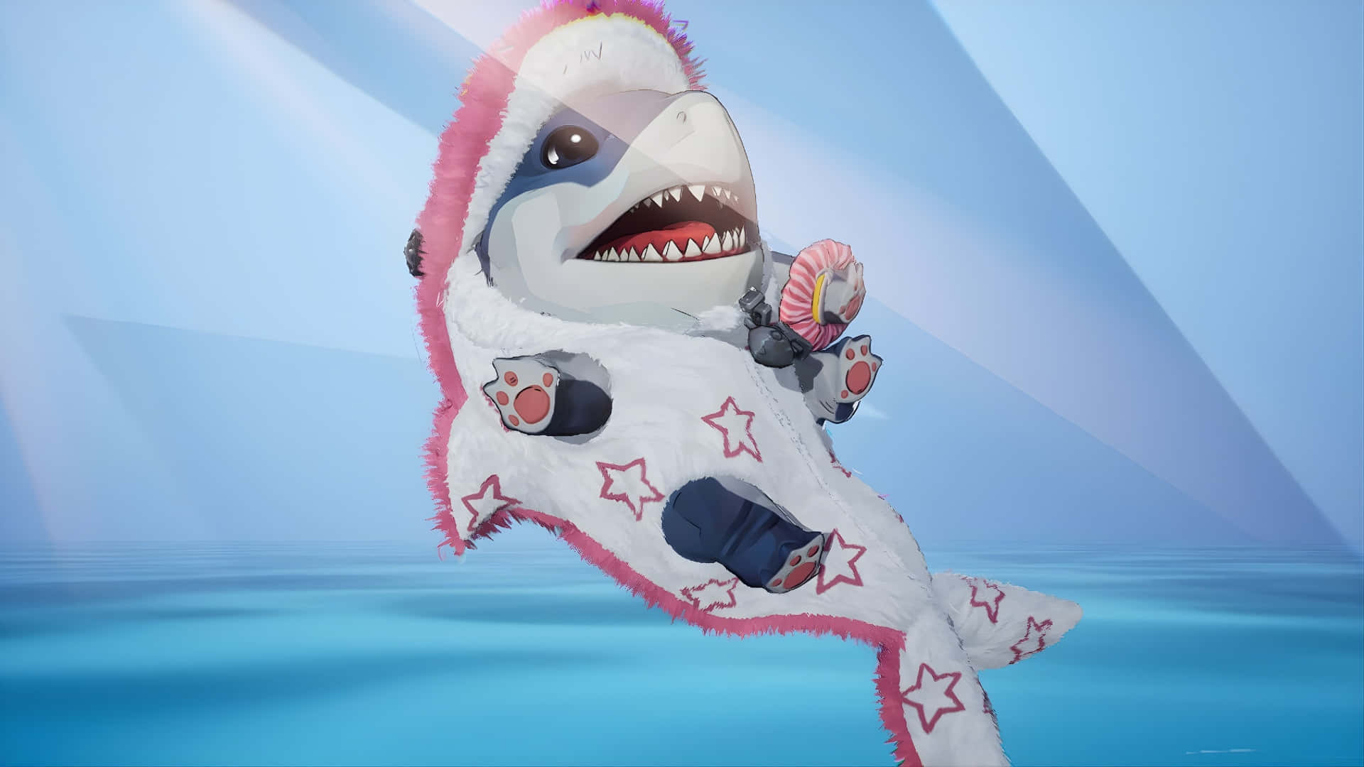 Jeff The Land Shark, white fluffy costume, pink trim, Full HD Desktop Wallpaper