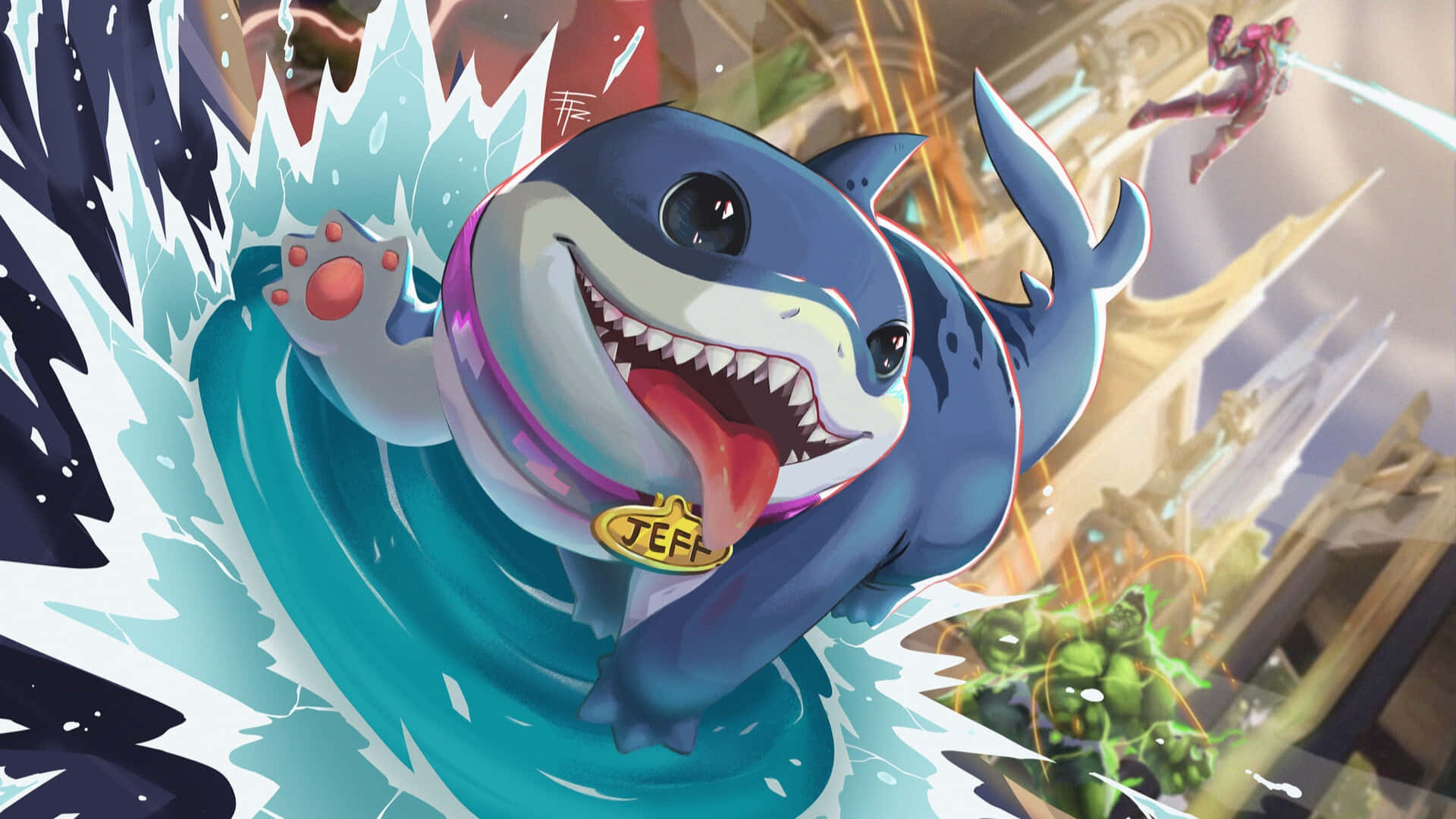 Jeff The Land Shark, gold tag, teal water, Full HD Desktop Wallpaper