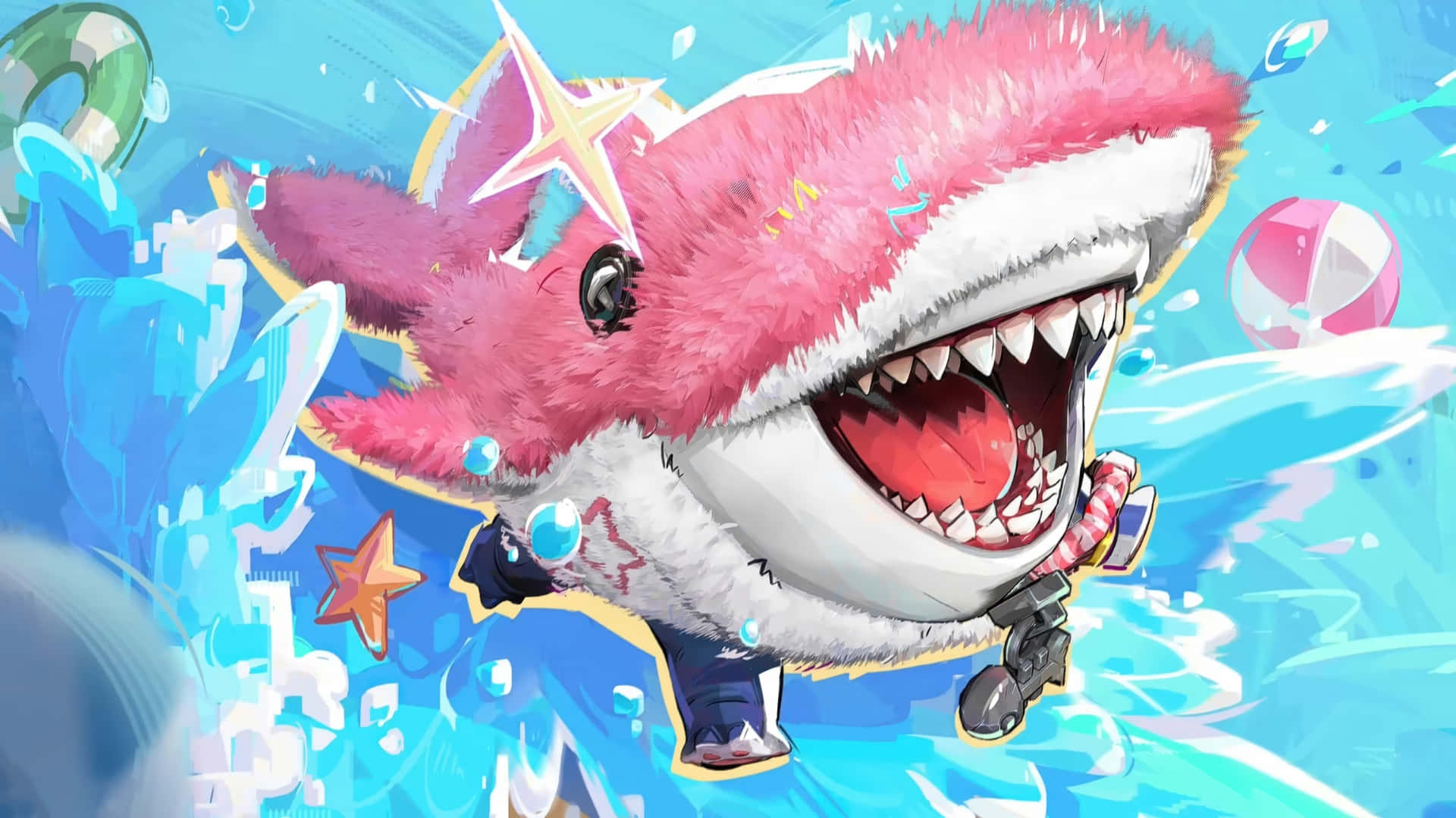 Jeff The Land Shark, summer splash, pink shark, Full HD Desktop Wallpaper