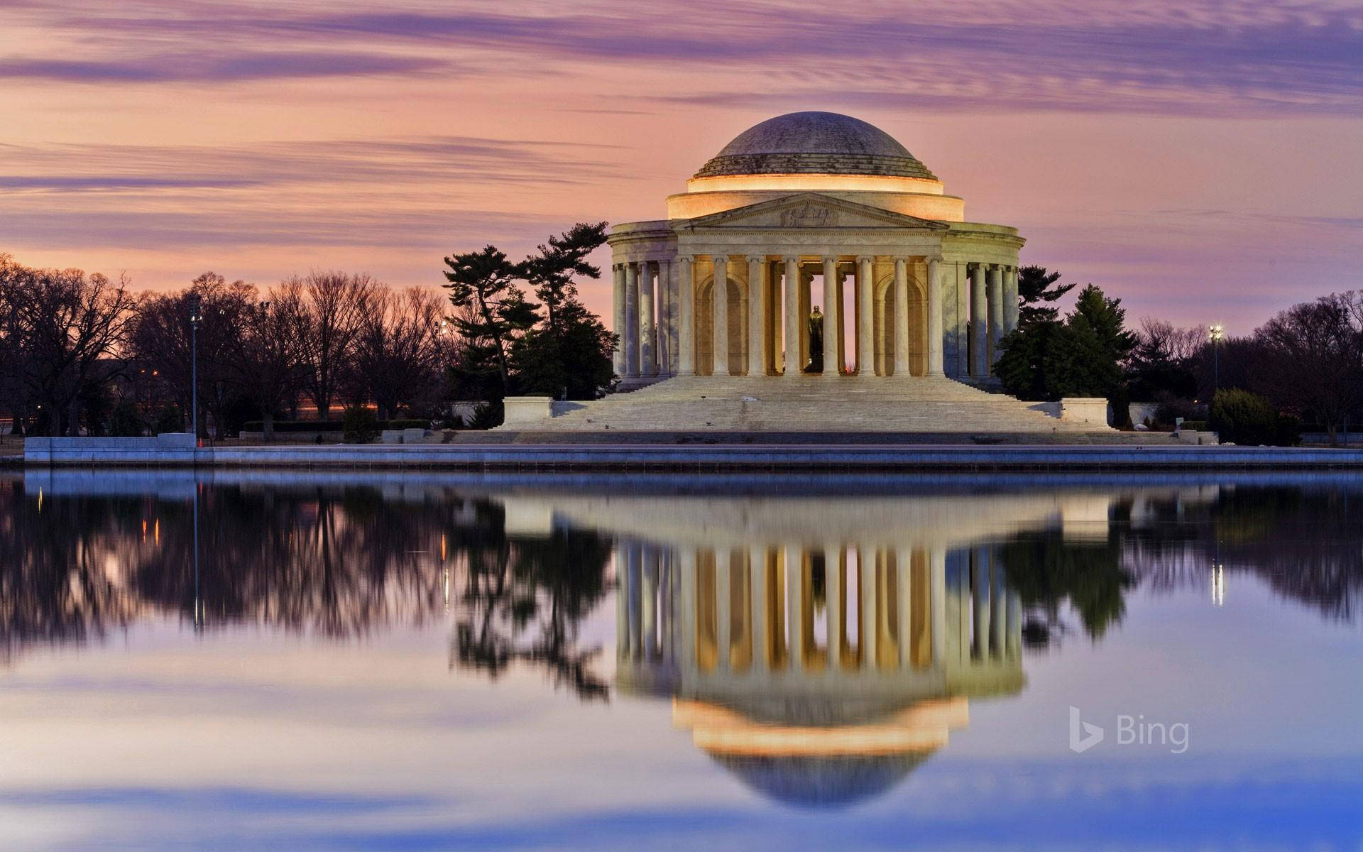 Jefferson Memorial, golden twilight light, still water, Full HD Desktop Wallpaper