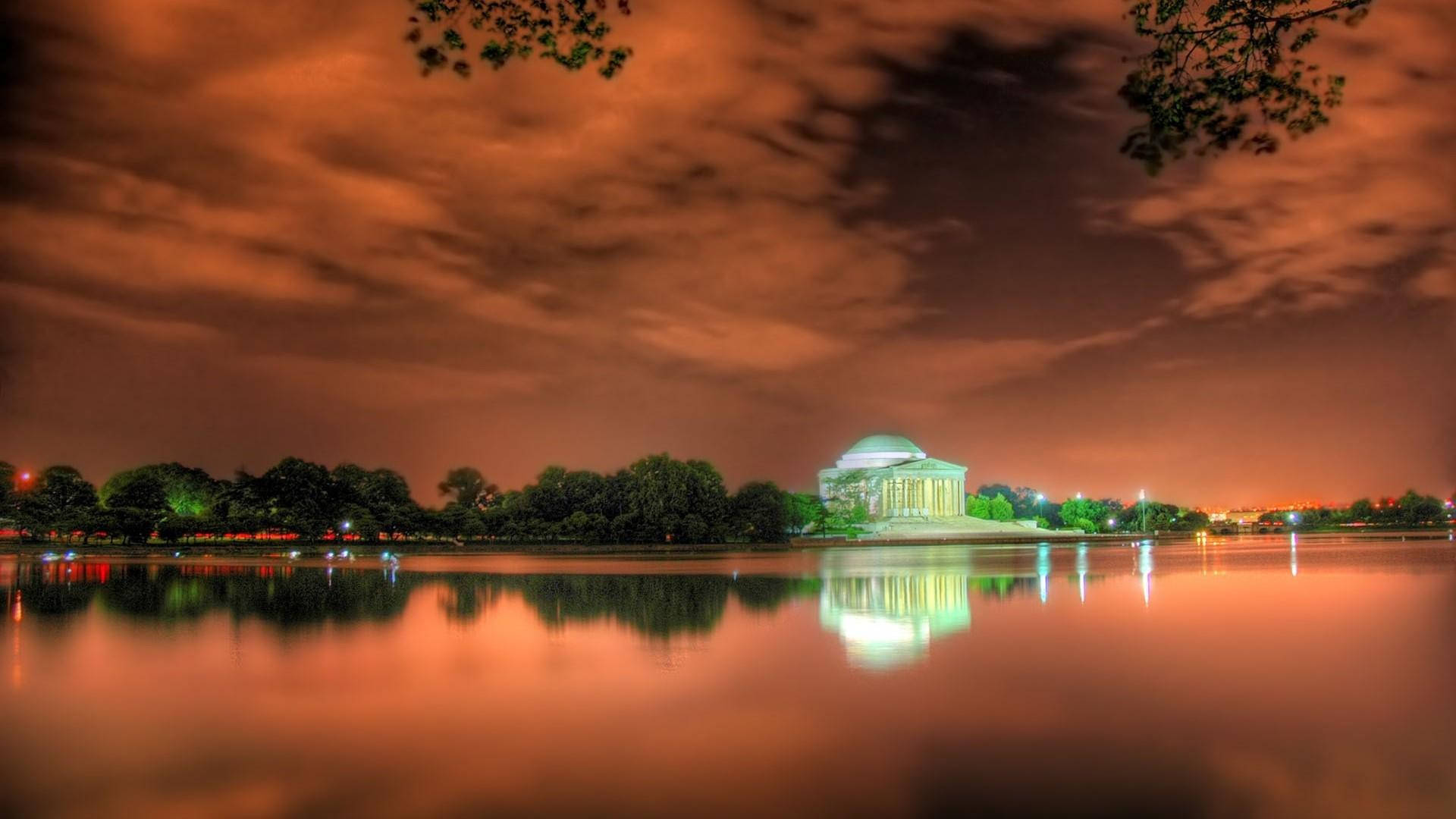 Jefferson Memorial, dark orange sky, domed building, Full HD Desktop Wallpaper