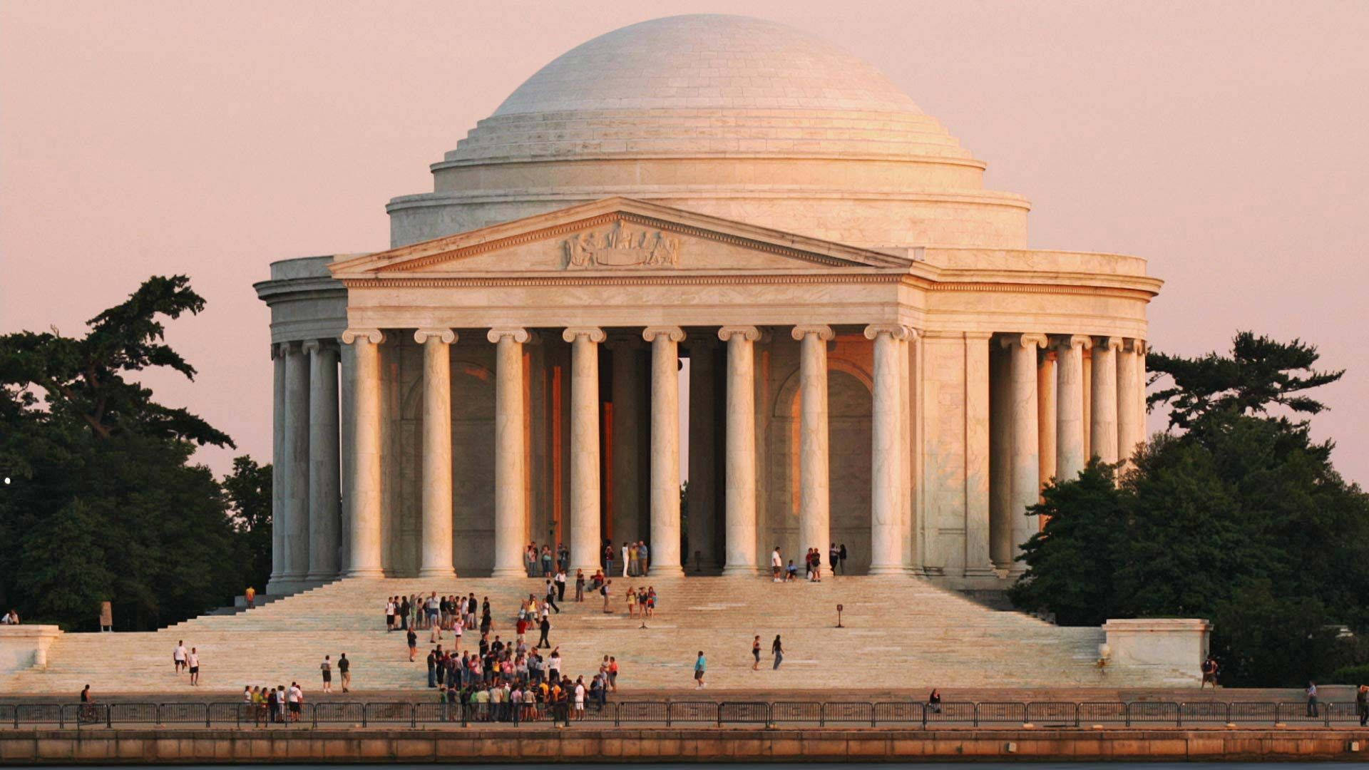 Jefferson Memorial, golden sunset light, grand steps, Full HD Desktop Wallpaper