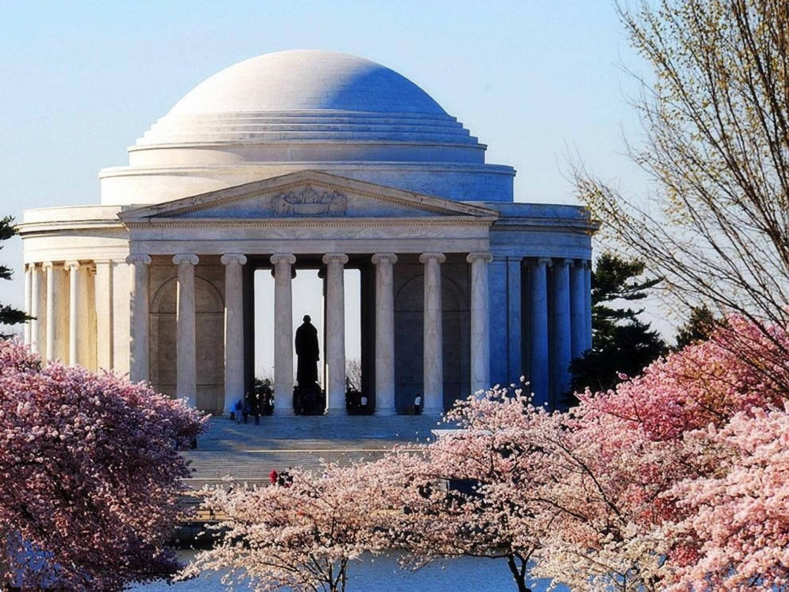 Jefferson Memorial, cherry trees, white neoclassical dome, HD Desktop Wallpaper