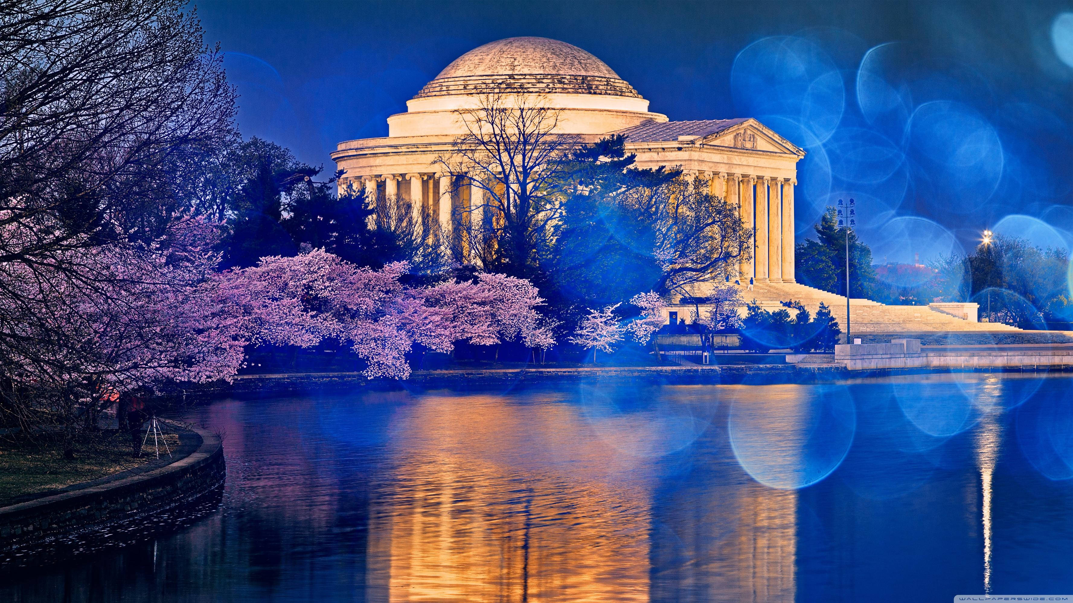 Jefferson Memorial, blue light orbs, domed monument, 2K Desktop Wallpaper