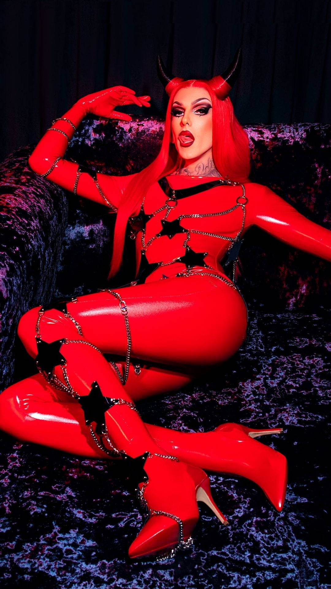 Jeffree Star, shiny red devil costume, horns, Full HD Phone Wallpaper